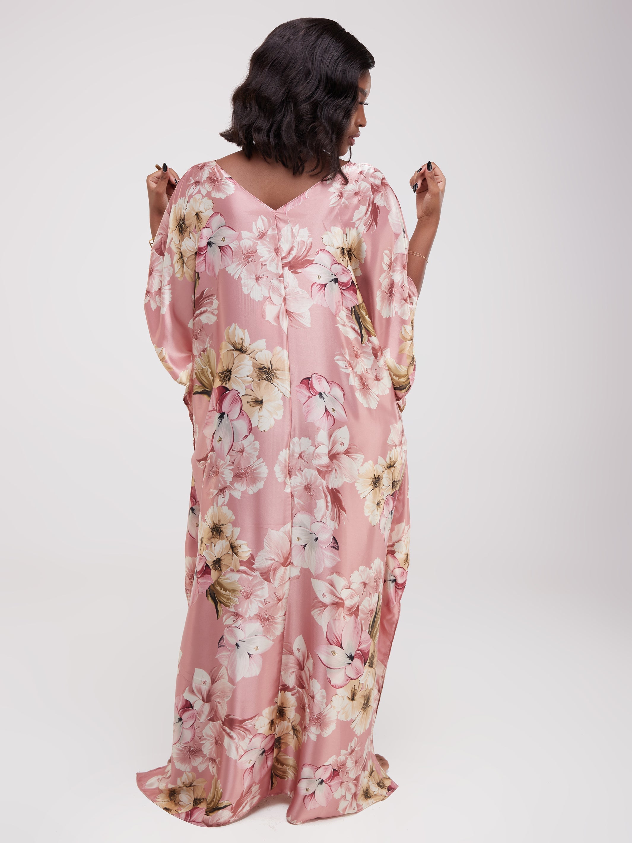 Vivo Basic V-Neck Satin Kaftan - Pink / Buttermilk Print