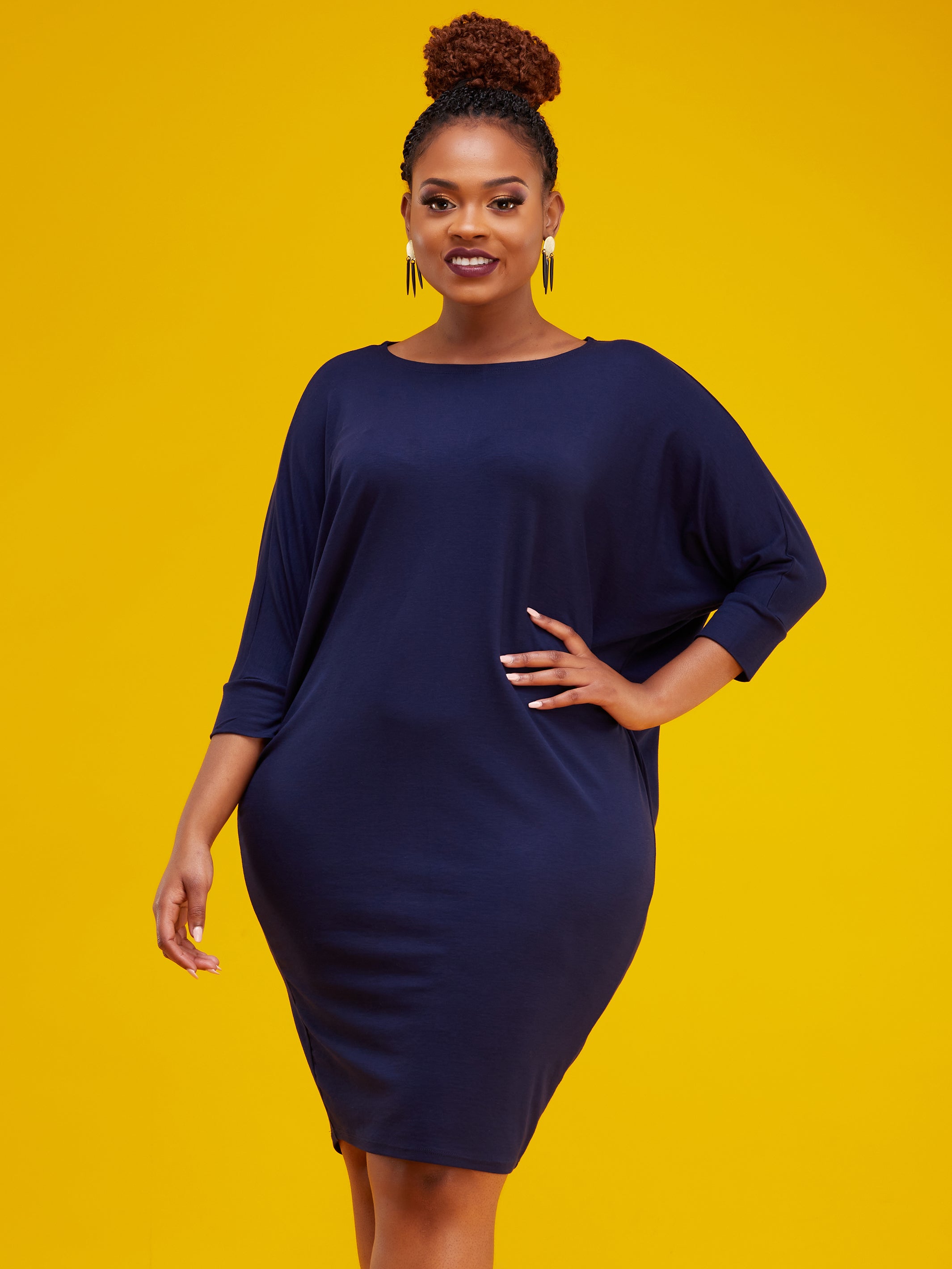 Vivo Basic Cuffed Dolman Jersey Dress - Navy Blue