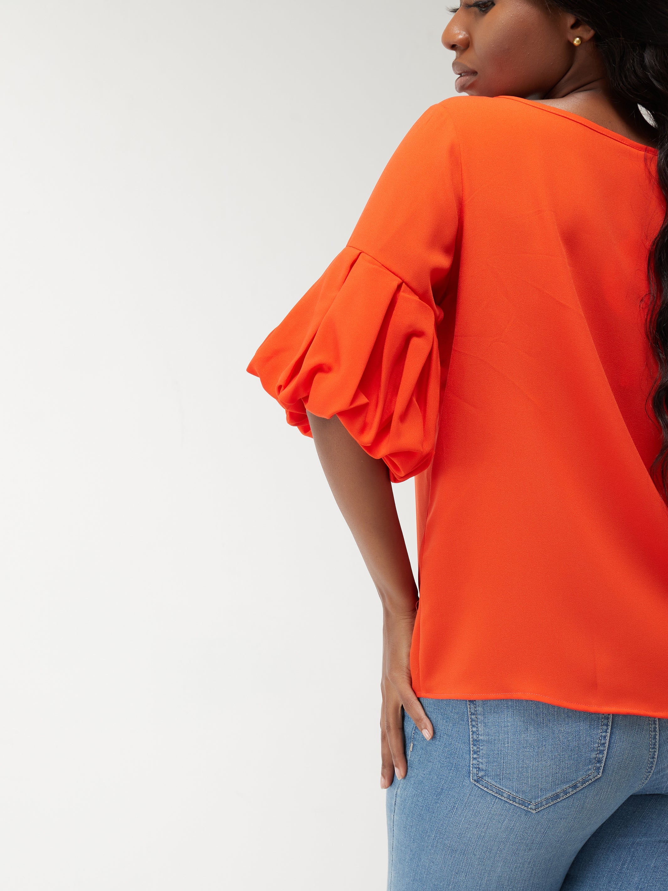 Vivo Basic Boundneck Puff Sleeve Top - Orange