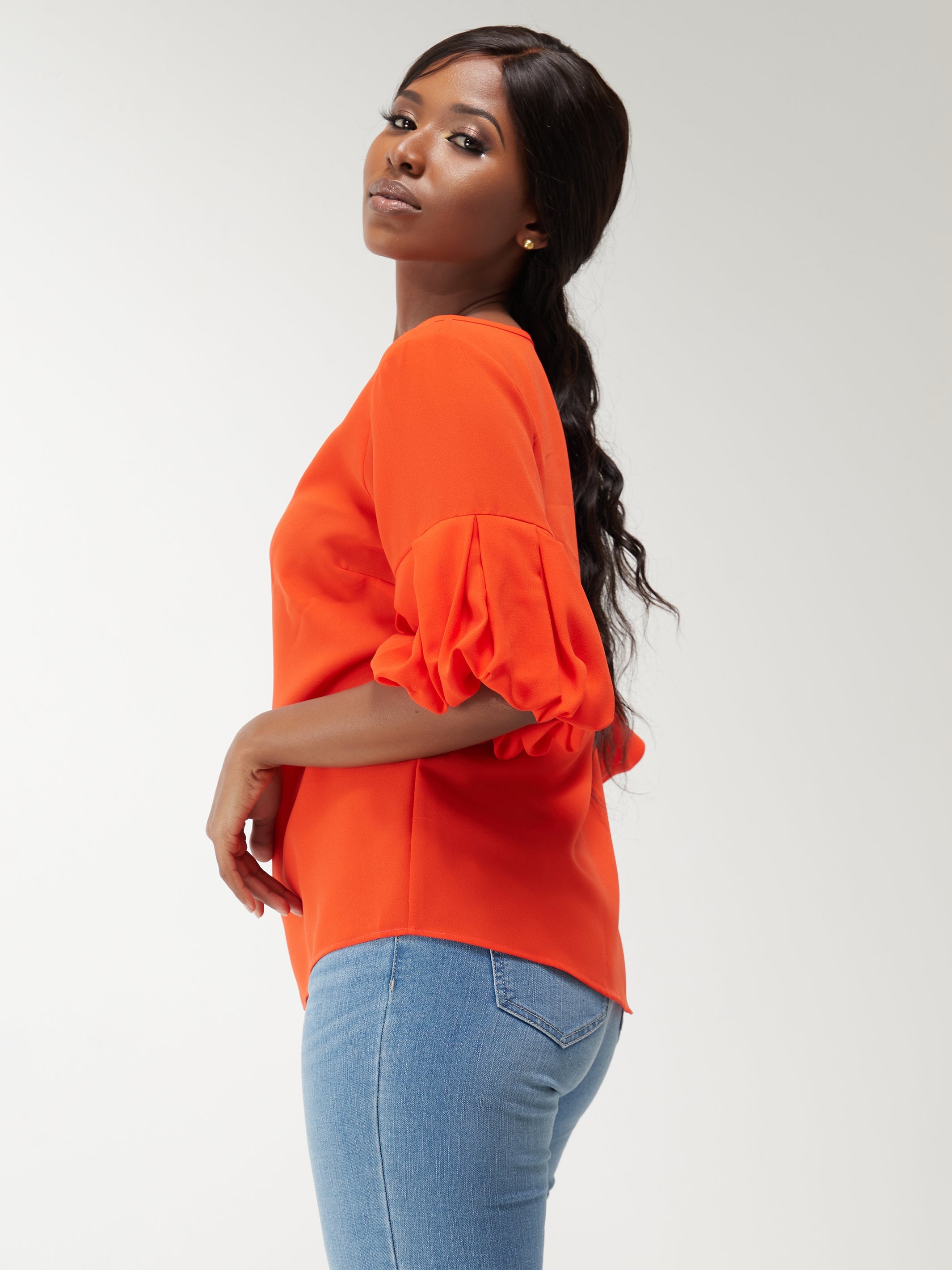 Vivo Basic Boundneck Puff Sleeve Top - Orange