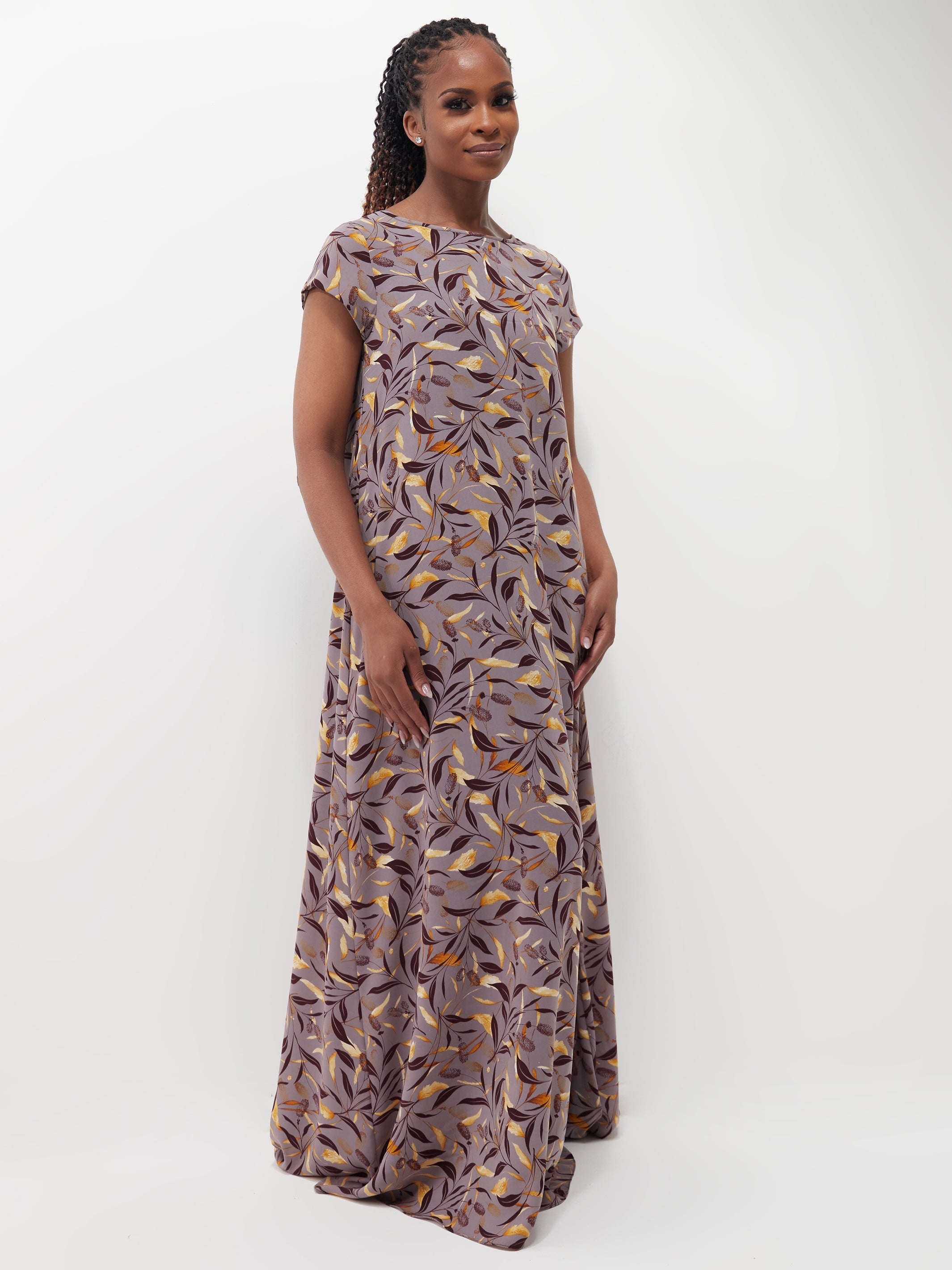 Vivo Basic Cap Sleeved Tent Maxi Dress - Purple / Brown Print