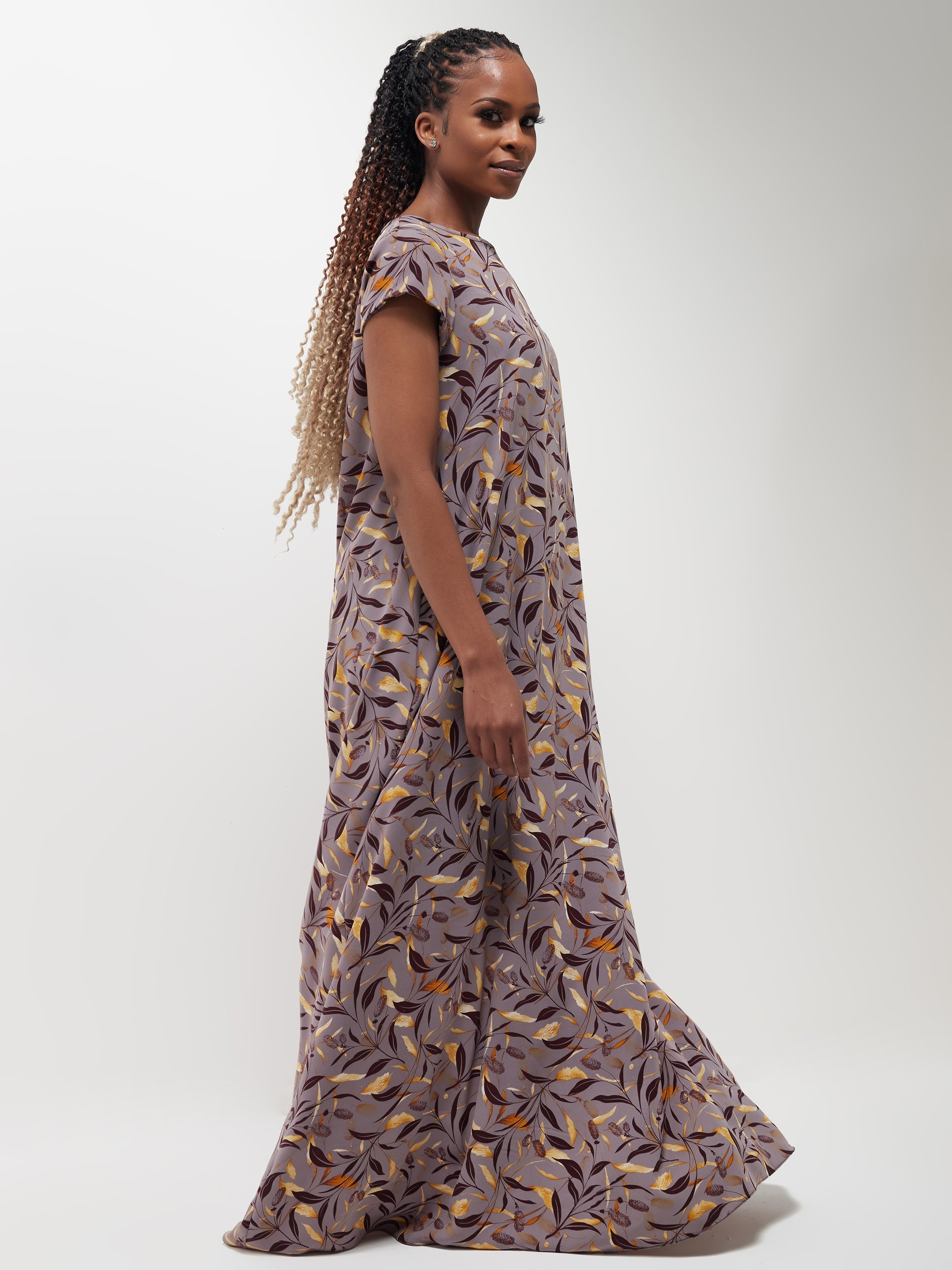 Vivo Basic Cap Sleeved Tent Maxi Dress - Purple / Brown Print