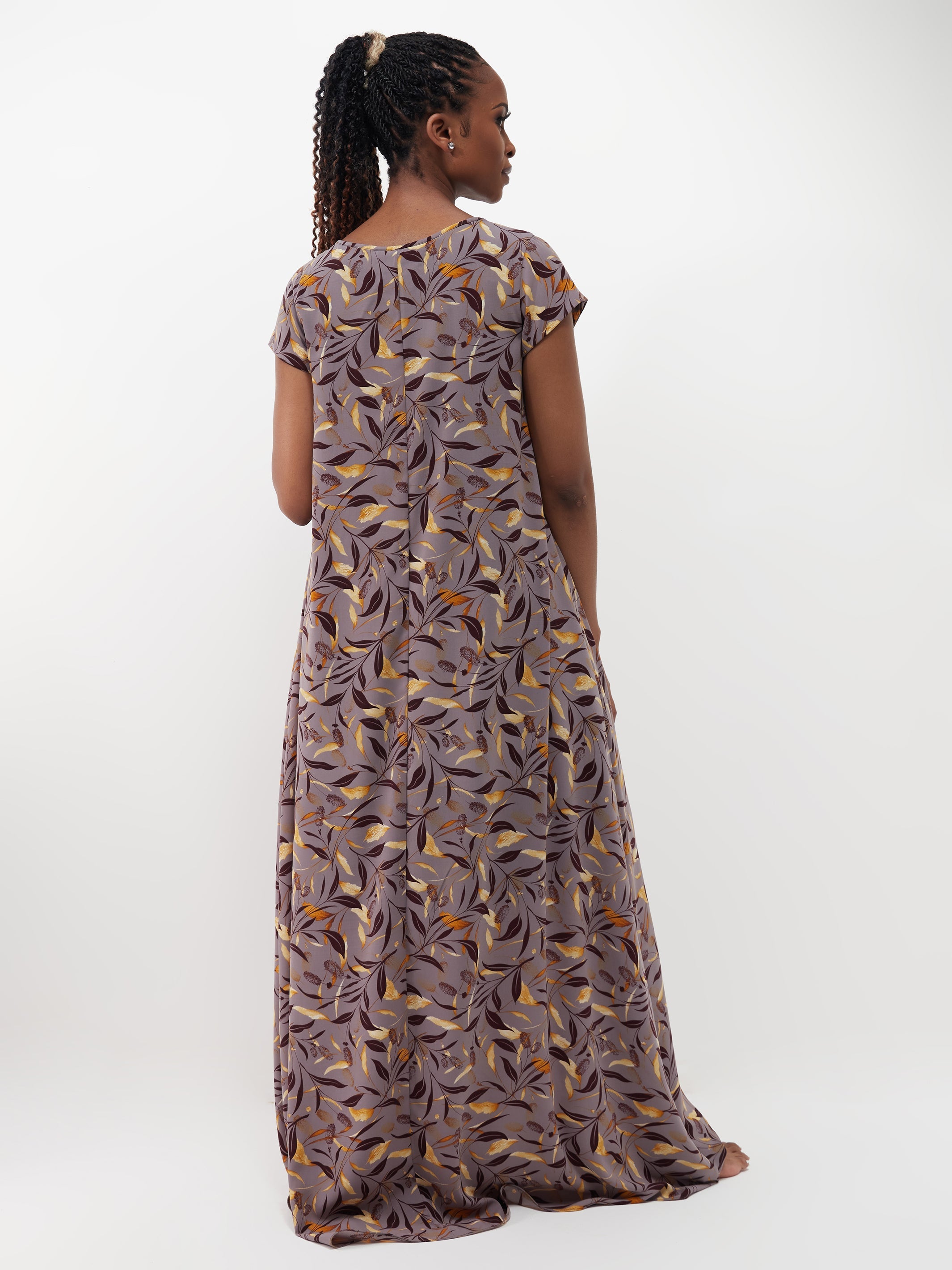 Vivo Basic Cap Sleeved Tent Maxi Dress - Purple / Brown Print