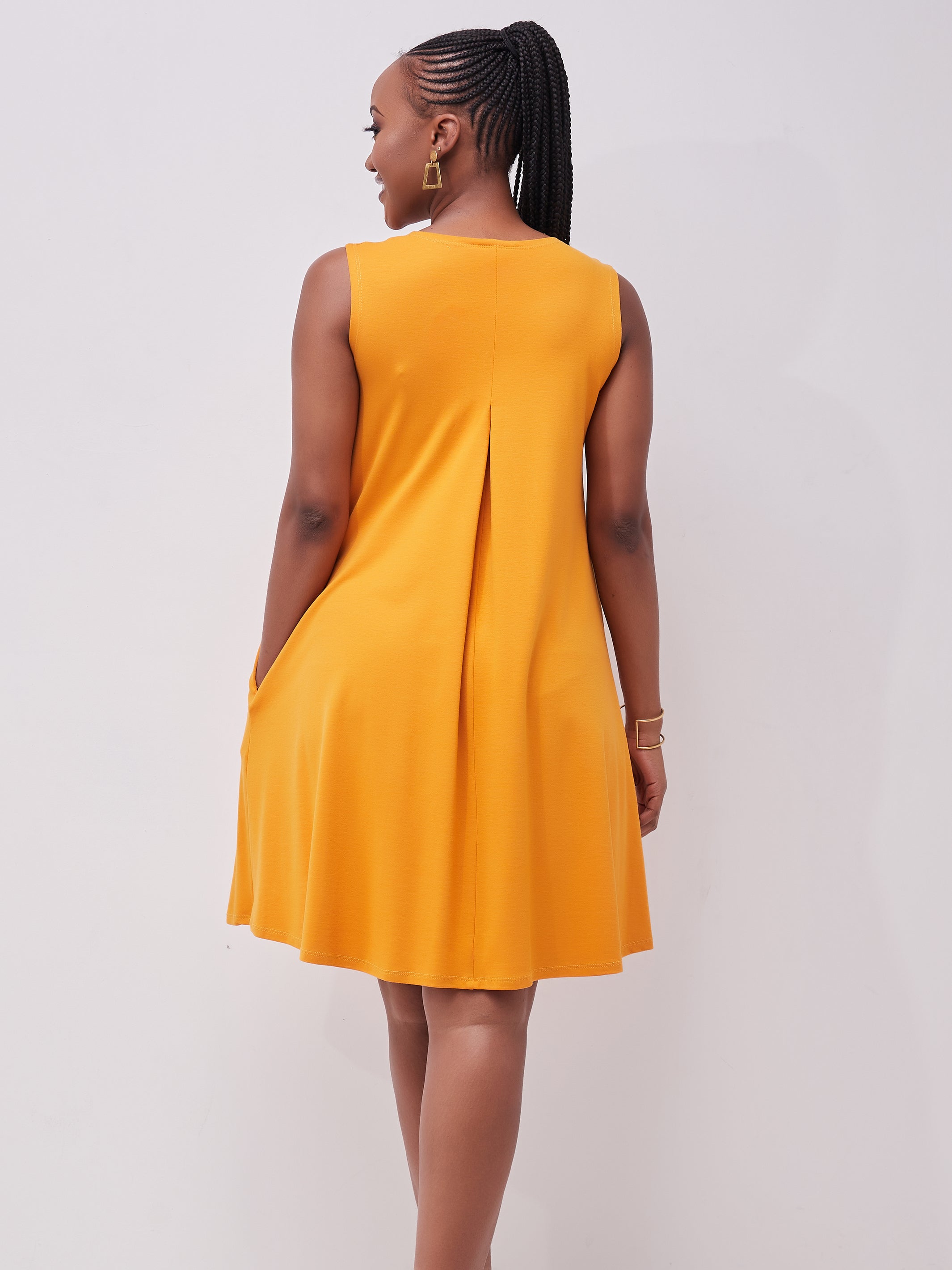 Vivo Basic Julia Back Pleat Knee Length Dress - Mustard