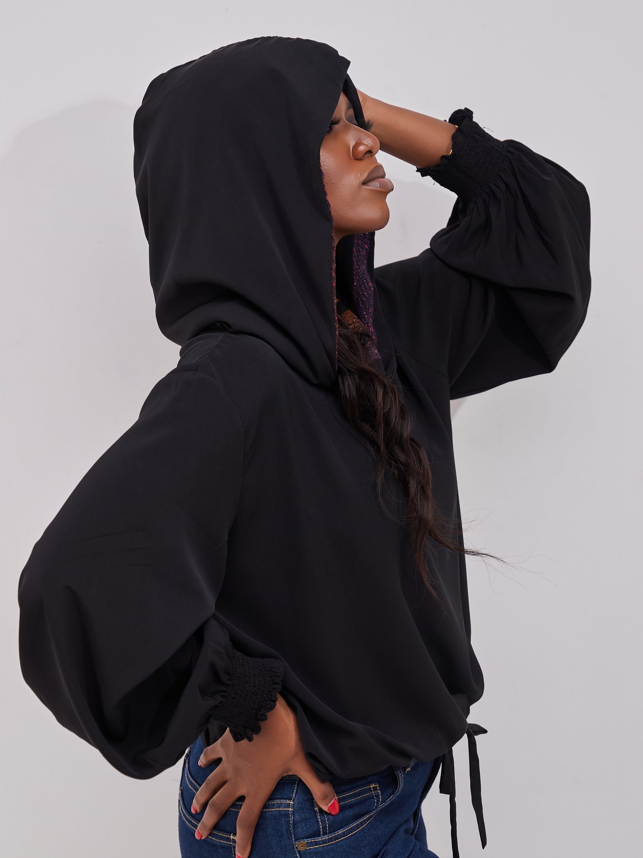 Safari Naima Crepe Drawstring Hoodie - Black / Brown Print