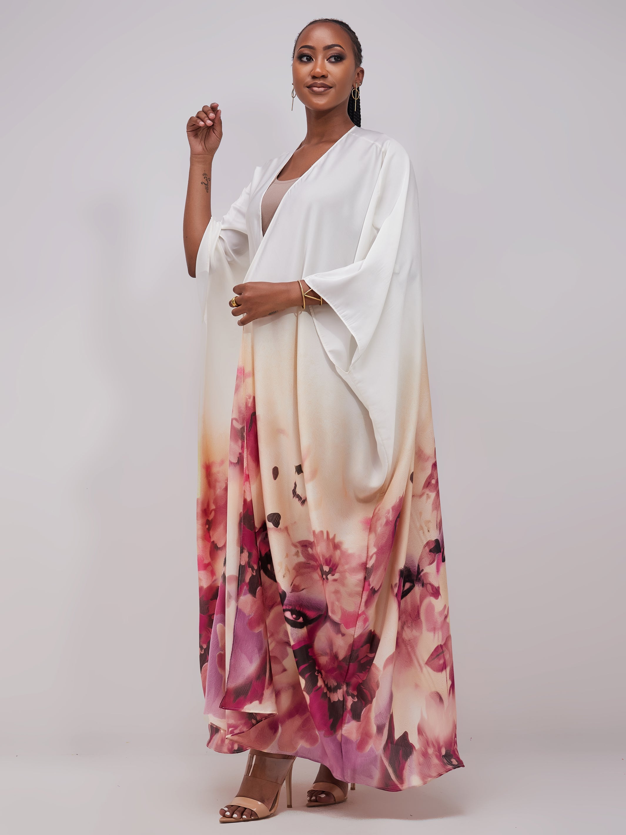 Vivo Muna Chiffon Kimono - Pink / Off White Print