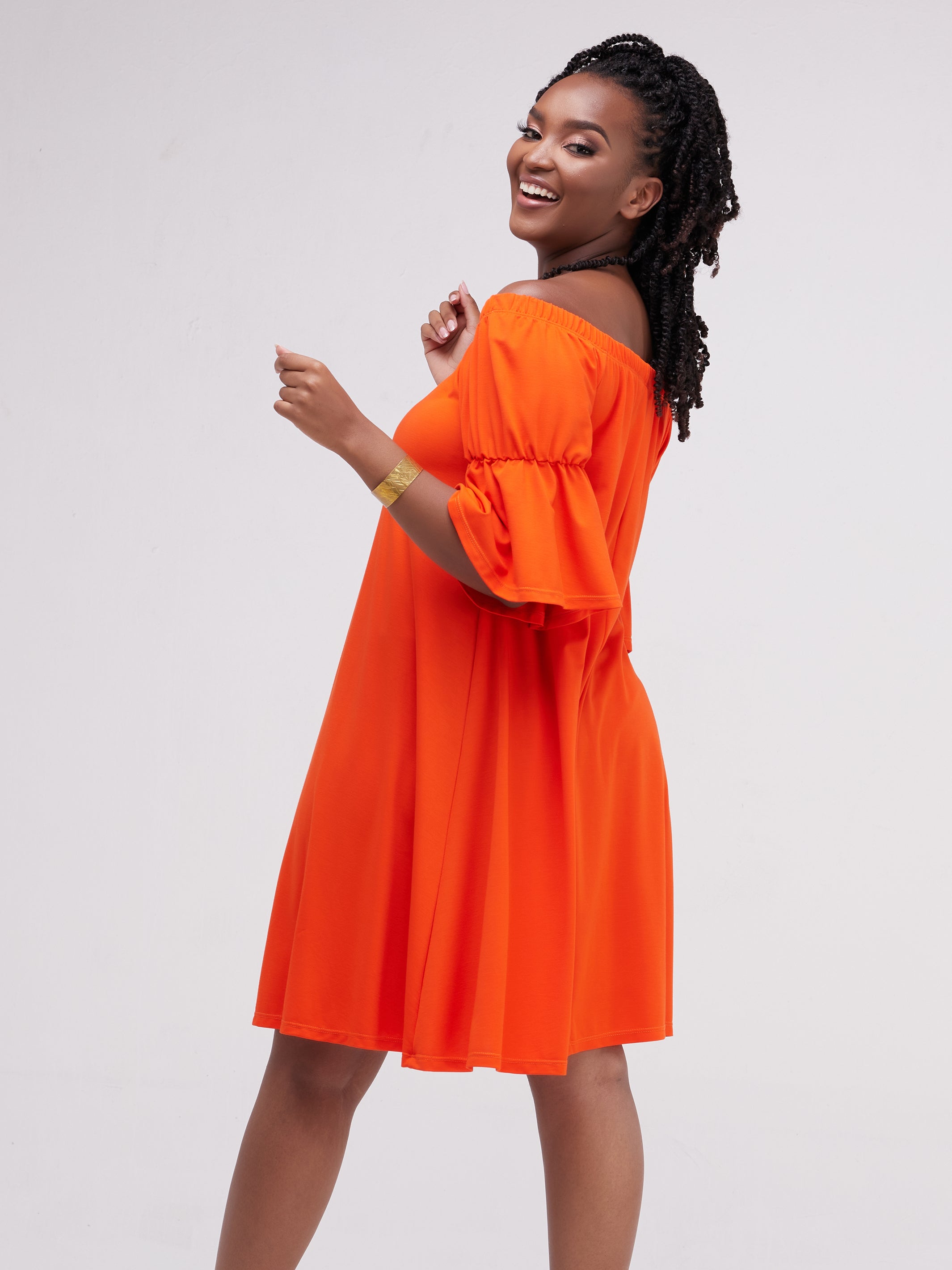 Vivo Lindi Off Shoulder Knee Length Dress - Orange