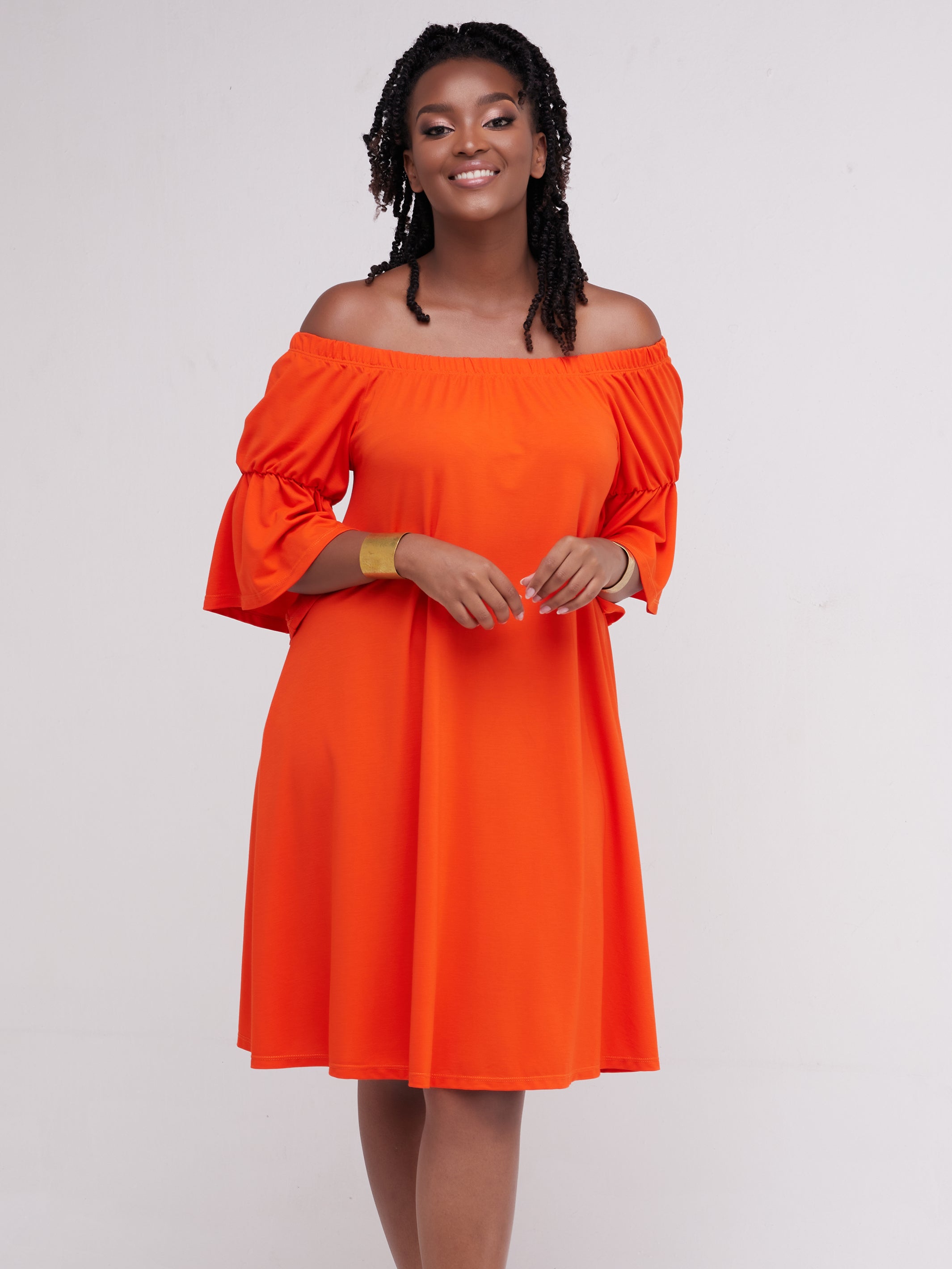 Vivo Lindi Off Shoulder Knee Length Dress - Orange