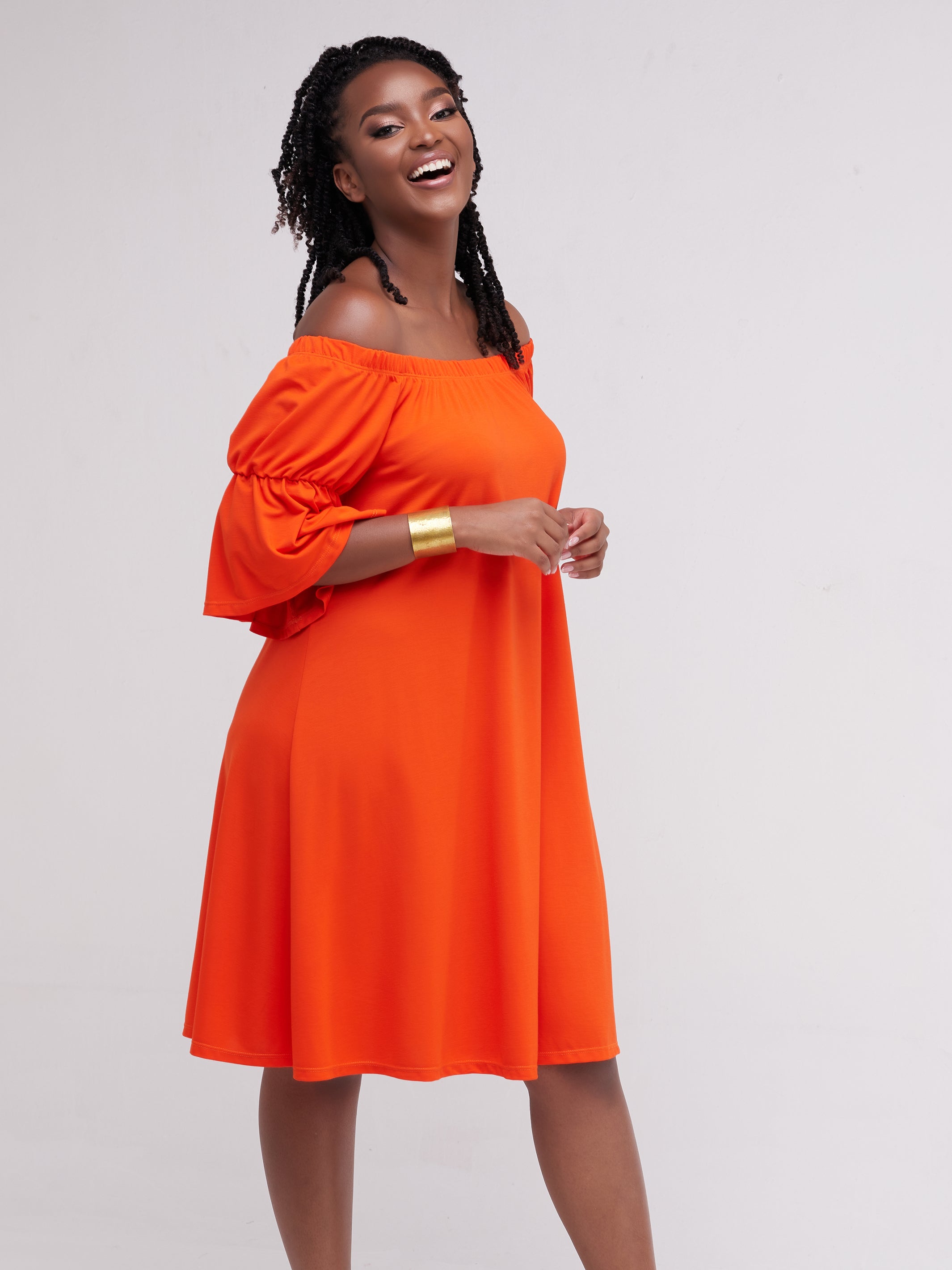 Vivo Lindi Off Shoulder Knee Length Dress - Orange