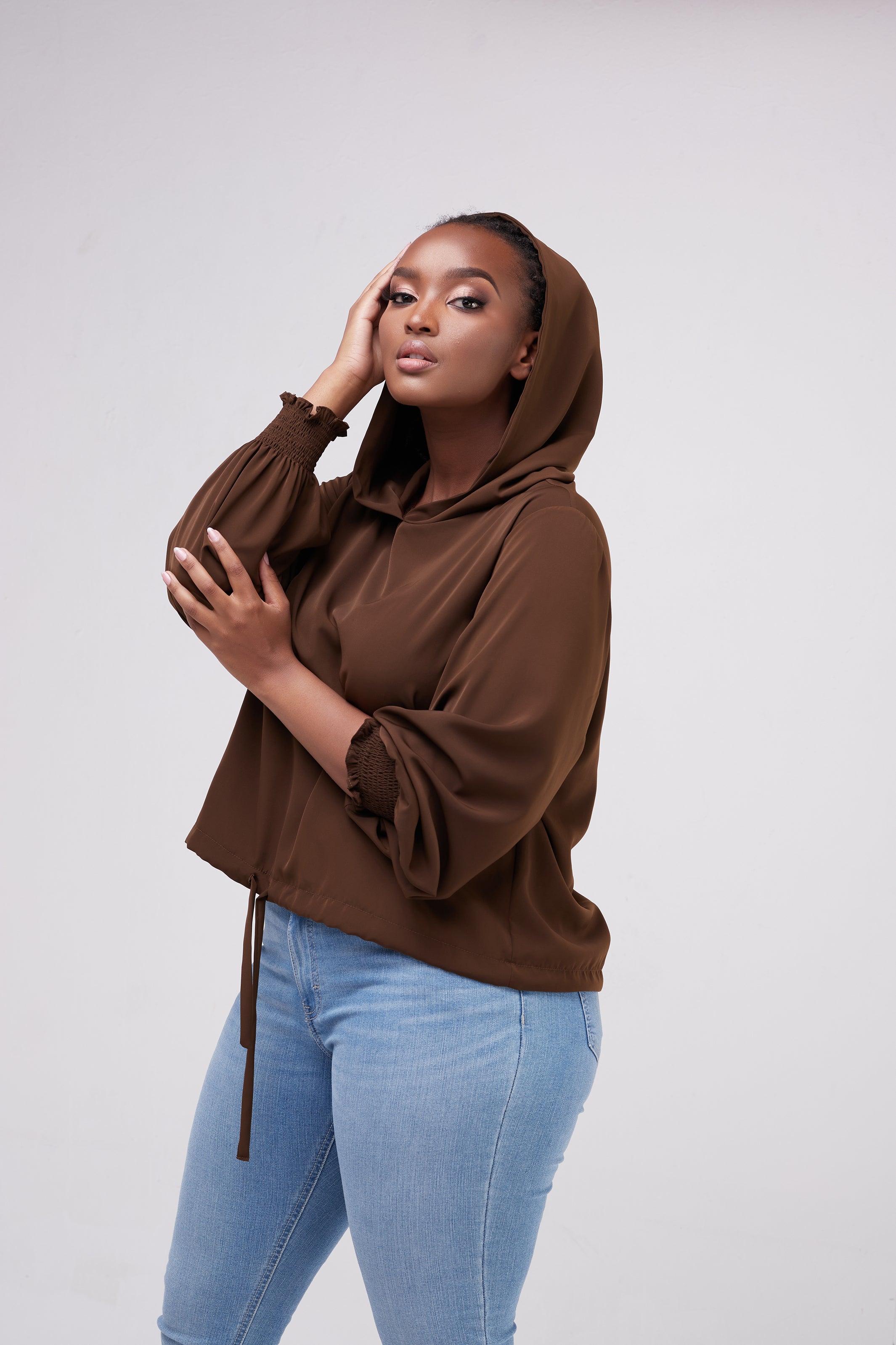 Safari Naima Crepe Drawstring Hoodie - Chocolate