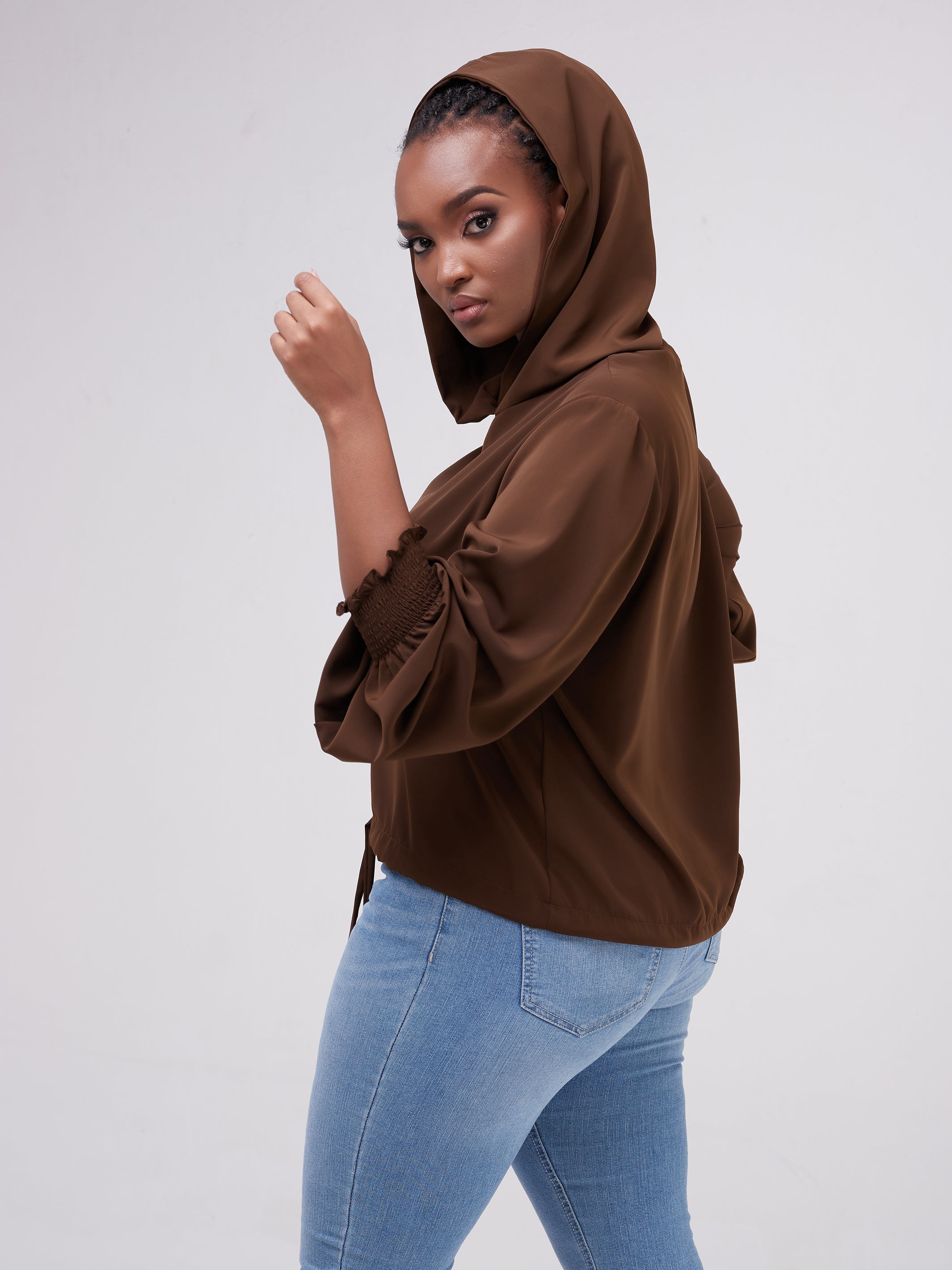 Safari Naima Crepe Drawstring Hoodie - Chocolate