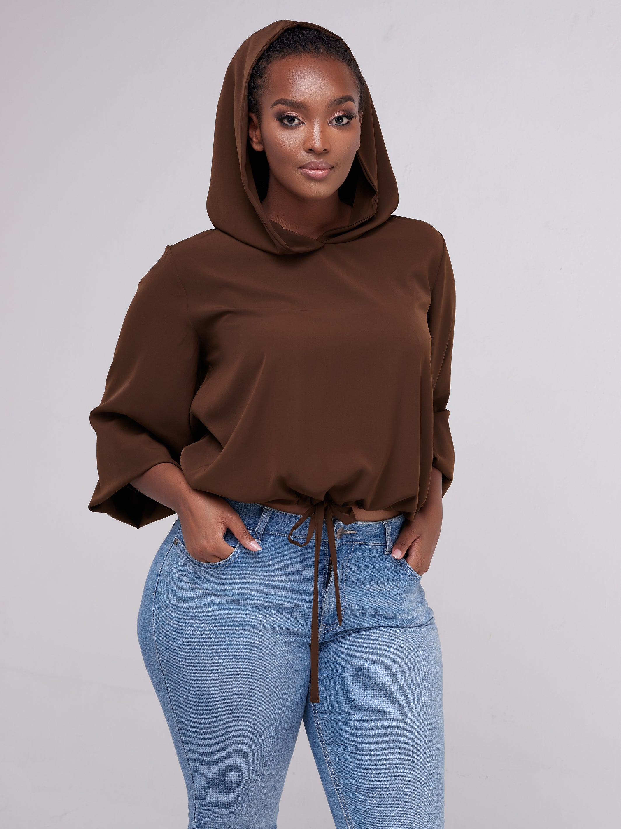 Safari Naima Crepe Drawstring Hoodie - Chocolate