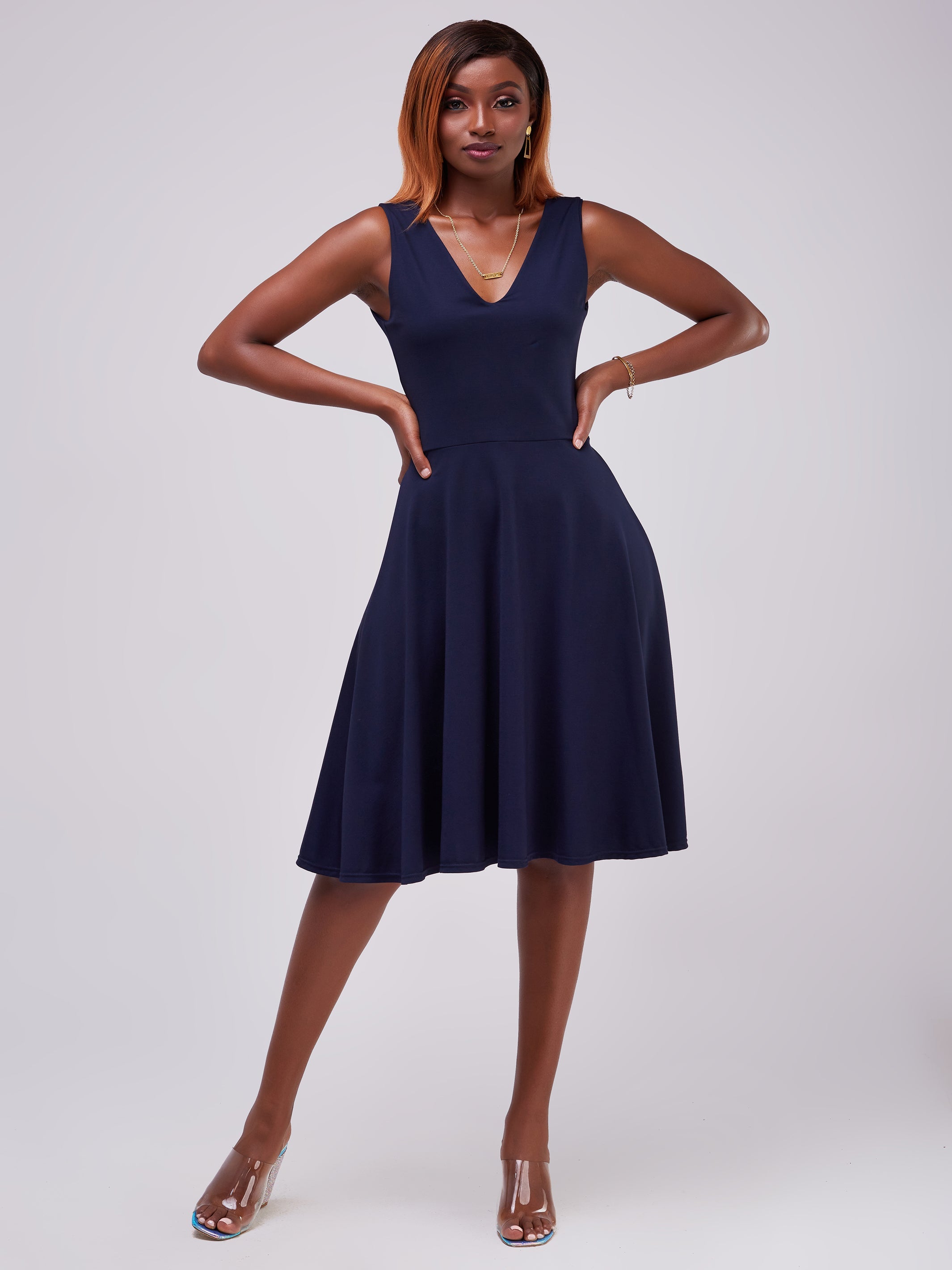 Vivo Zari Sleeveless V-Neck Knee Length Dress - Navy Blue