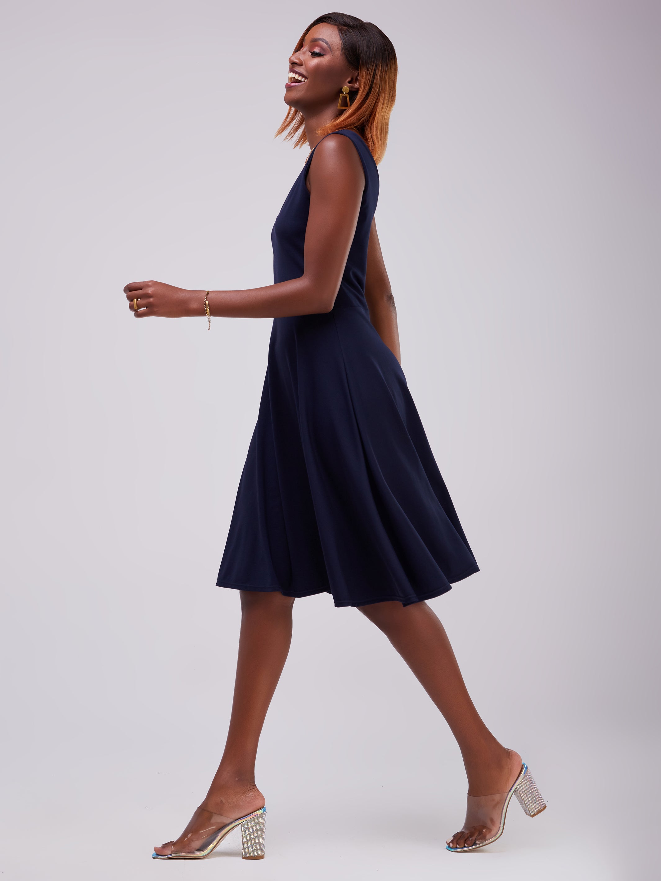 Vivo Zari Sleeveless V-Neck Knee Length Dress - Navy Blue