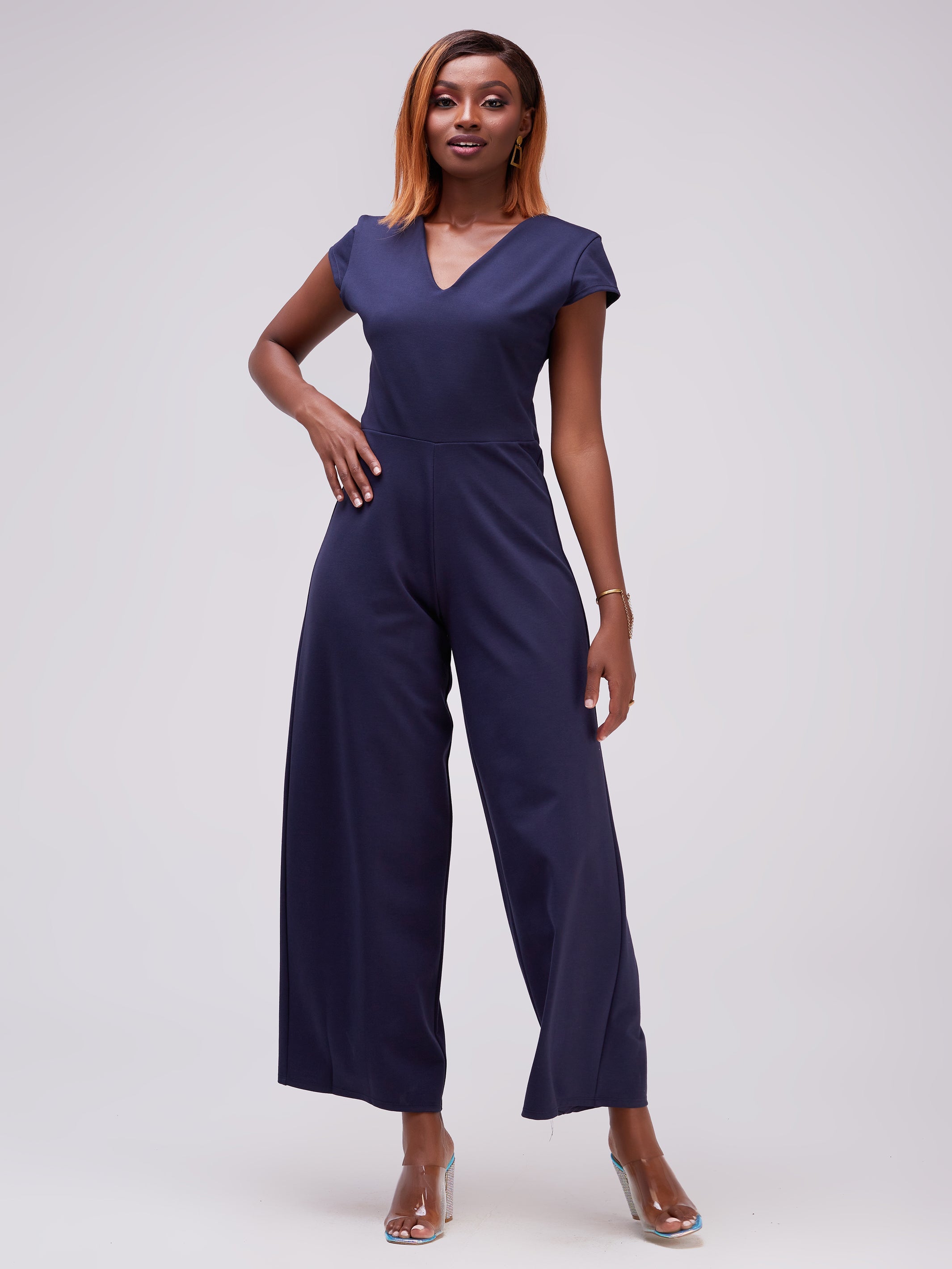 Vivo Zari Cap Sleeved V-Neck Jumpsuit - Navy Blue