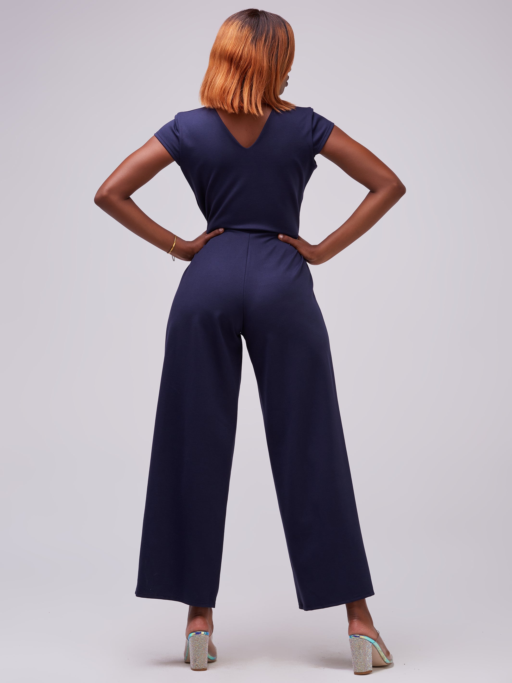 Vivo Zari Cap Sleeved V-Neck Jumpsuit - Navy Blue