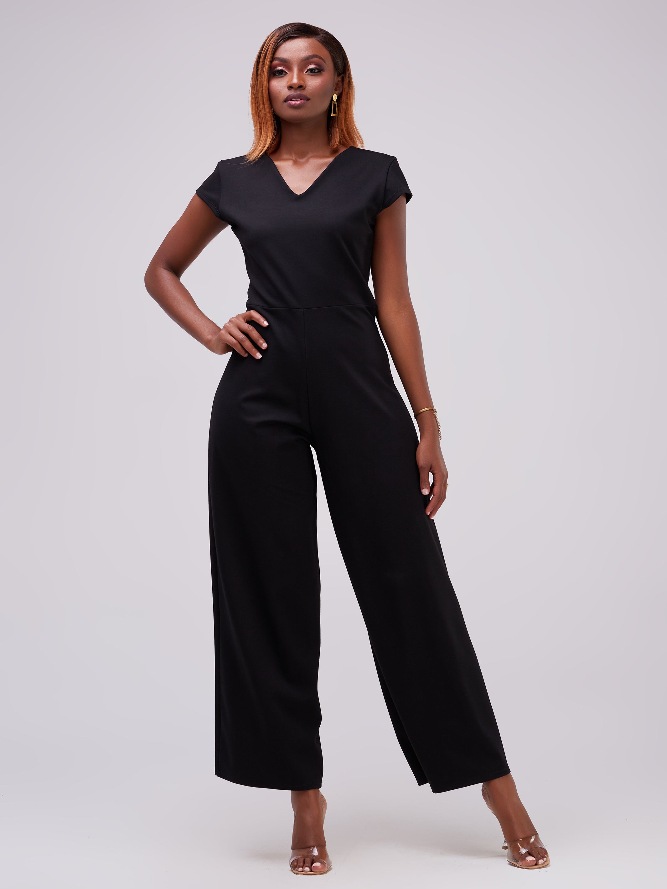 Vivo Zari Cap Sleeved V-Neck Jumpsuit - Black