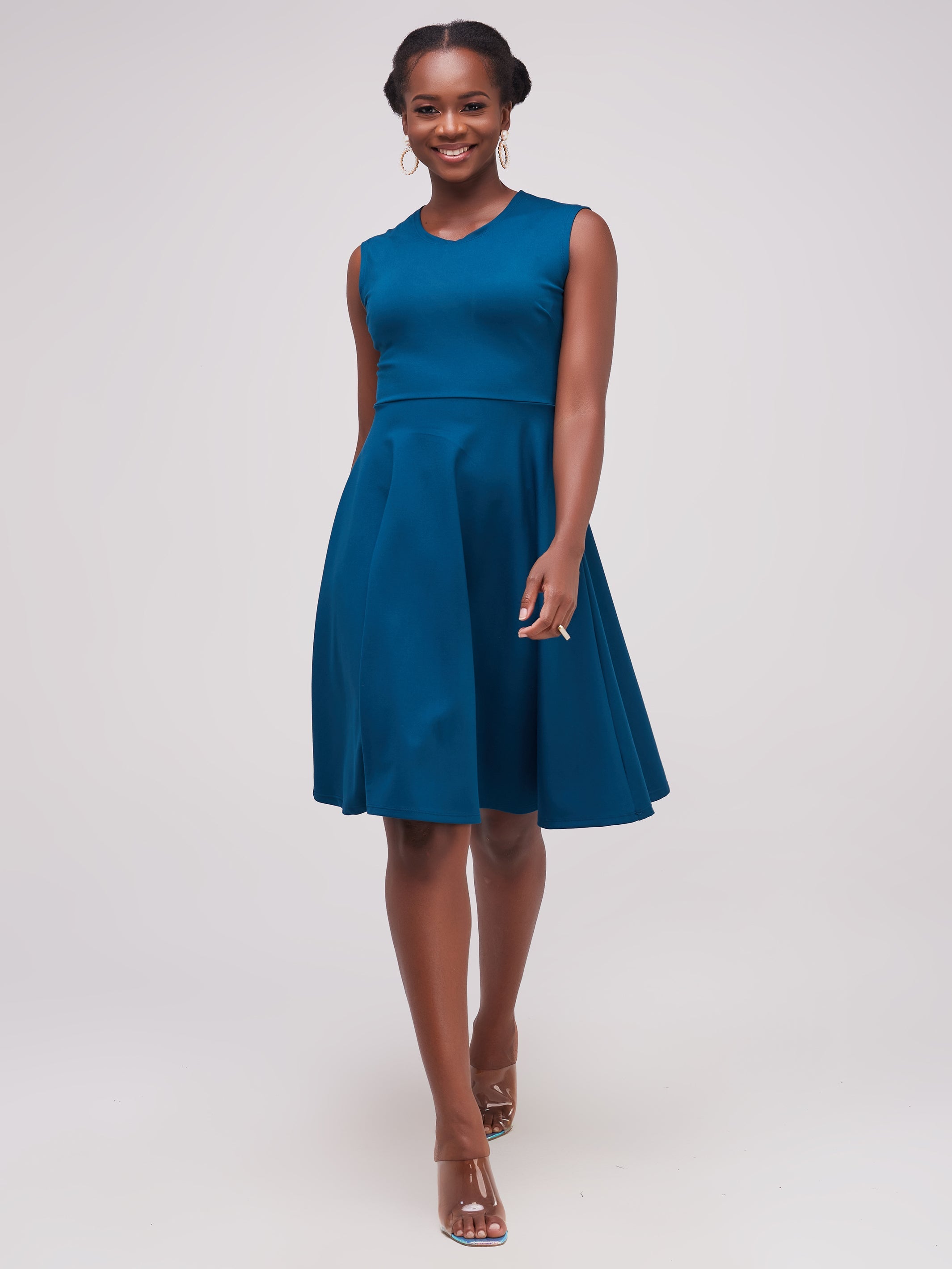 Vivo Basic Sleeveless Ponte Circular Dress -  Teal