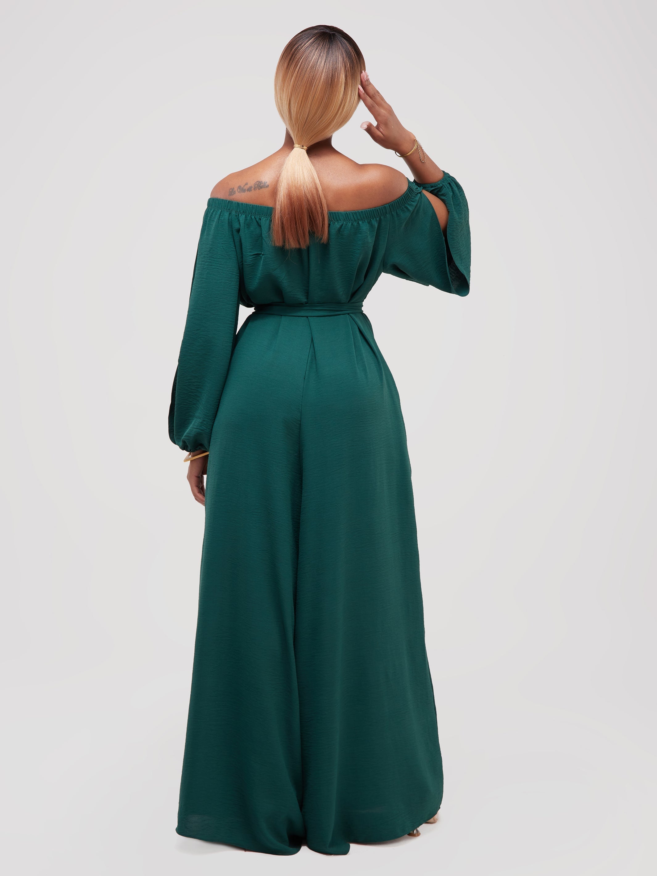 Vivo Dayo Off Shoulder Split Sleeve Jumpsuit - Dark Green