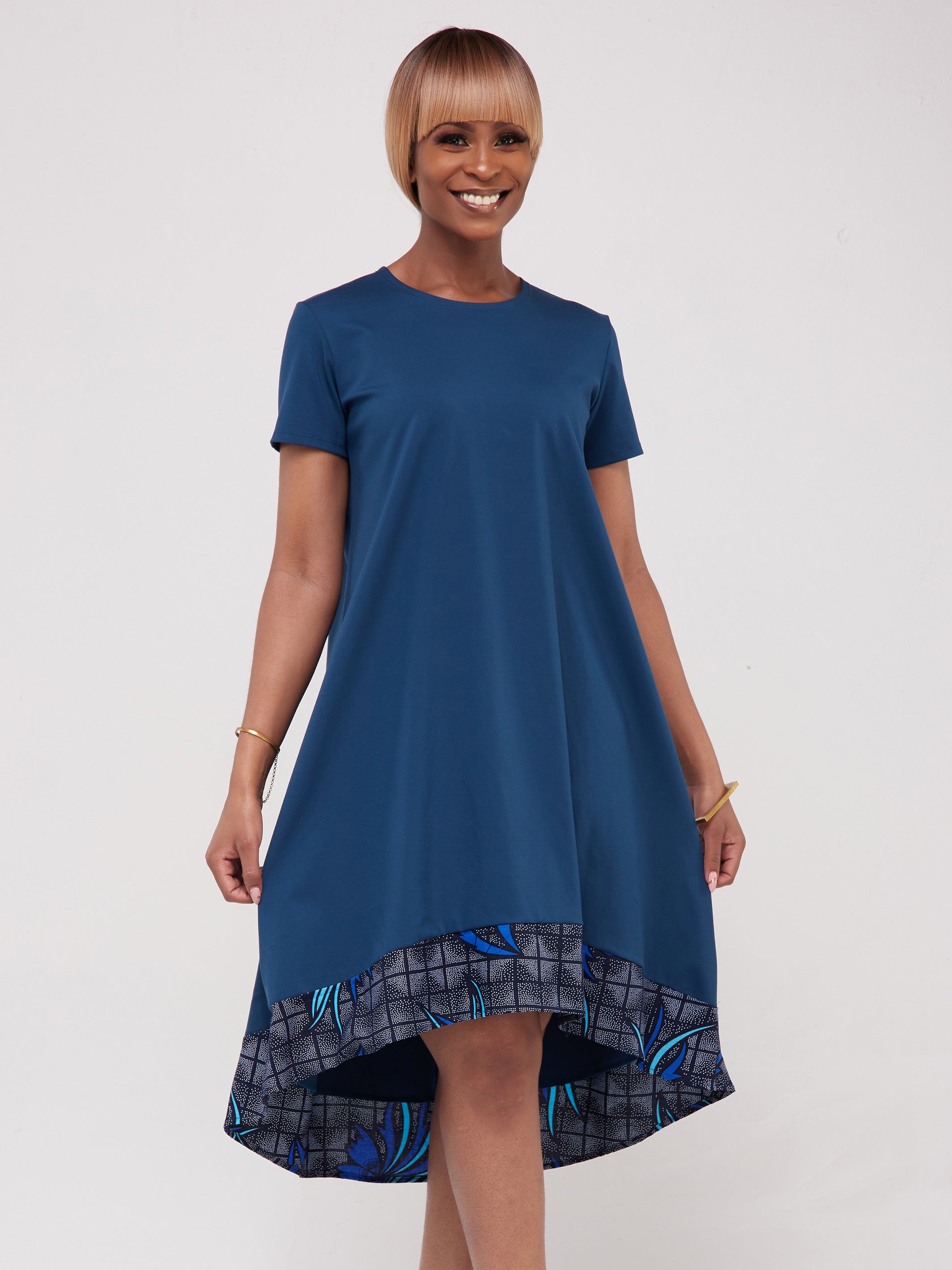 Vivo Mali High Low Dress - Teal / Navy Print