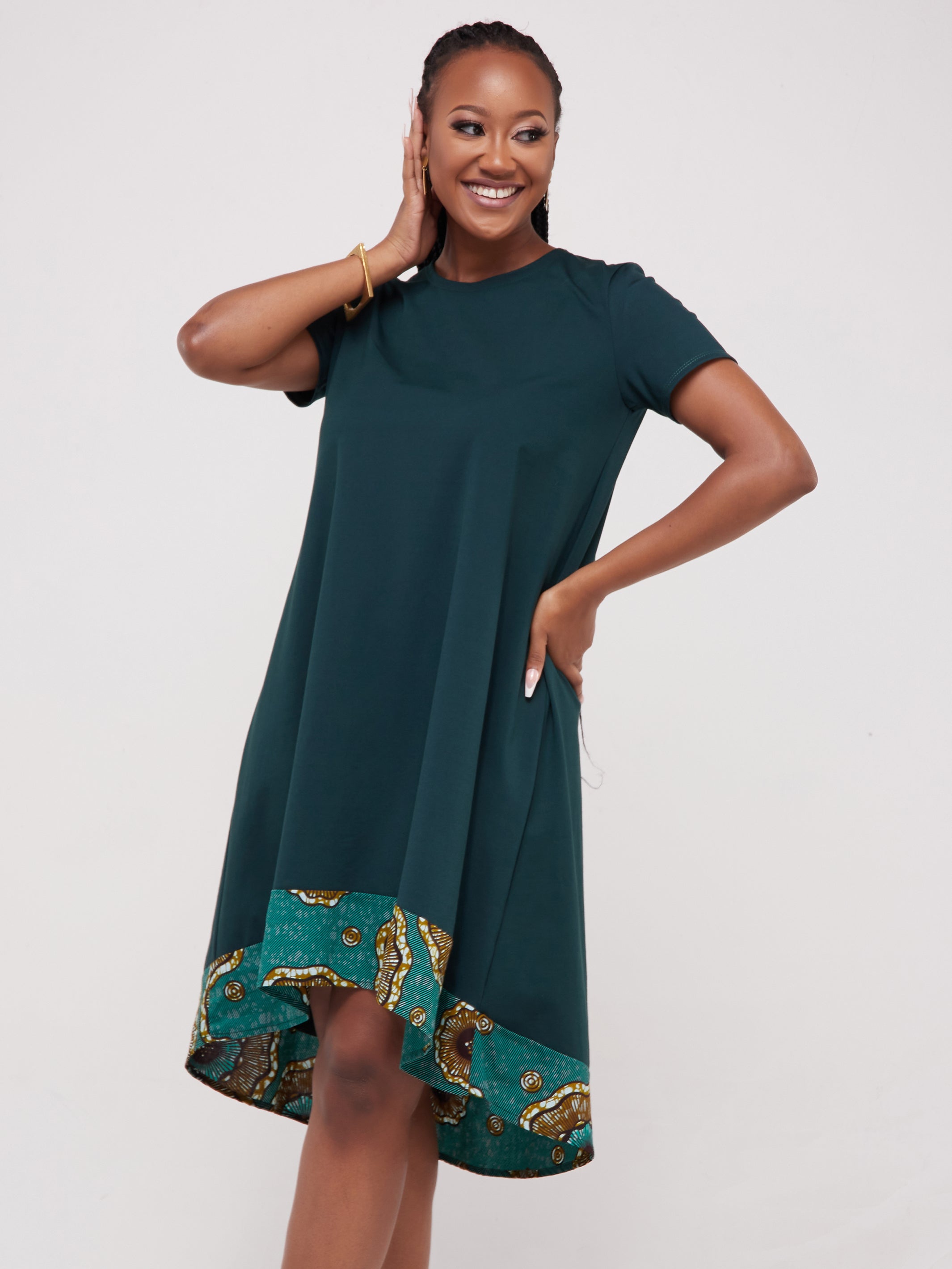 Vivo Mali High Low Dress - Dark Green / Hunters Print