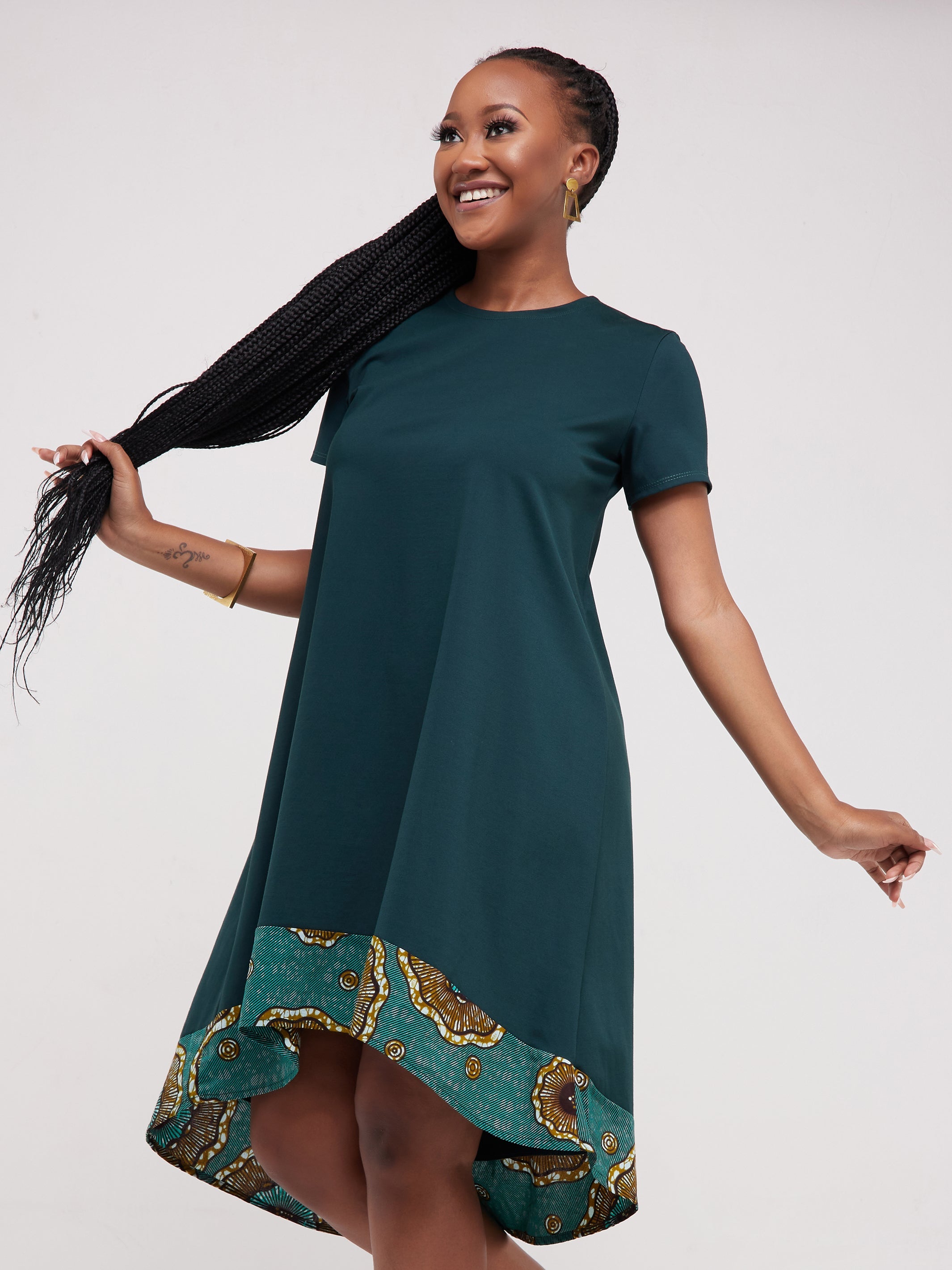 Vivo Mali High Low Dress - Dark Green / Hunters Print