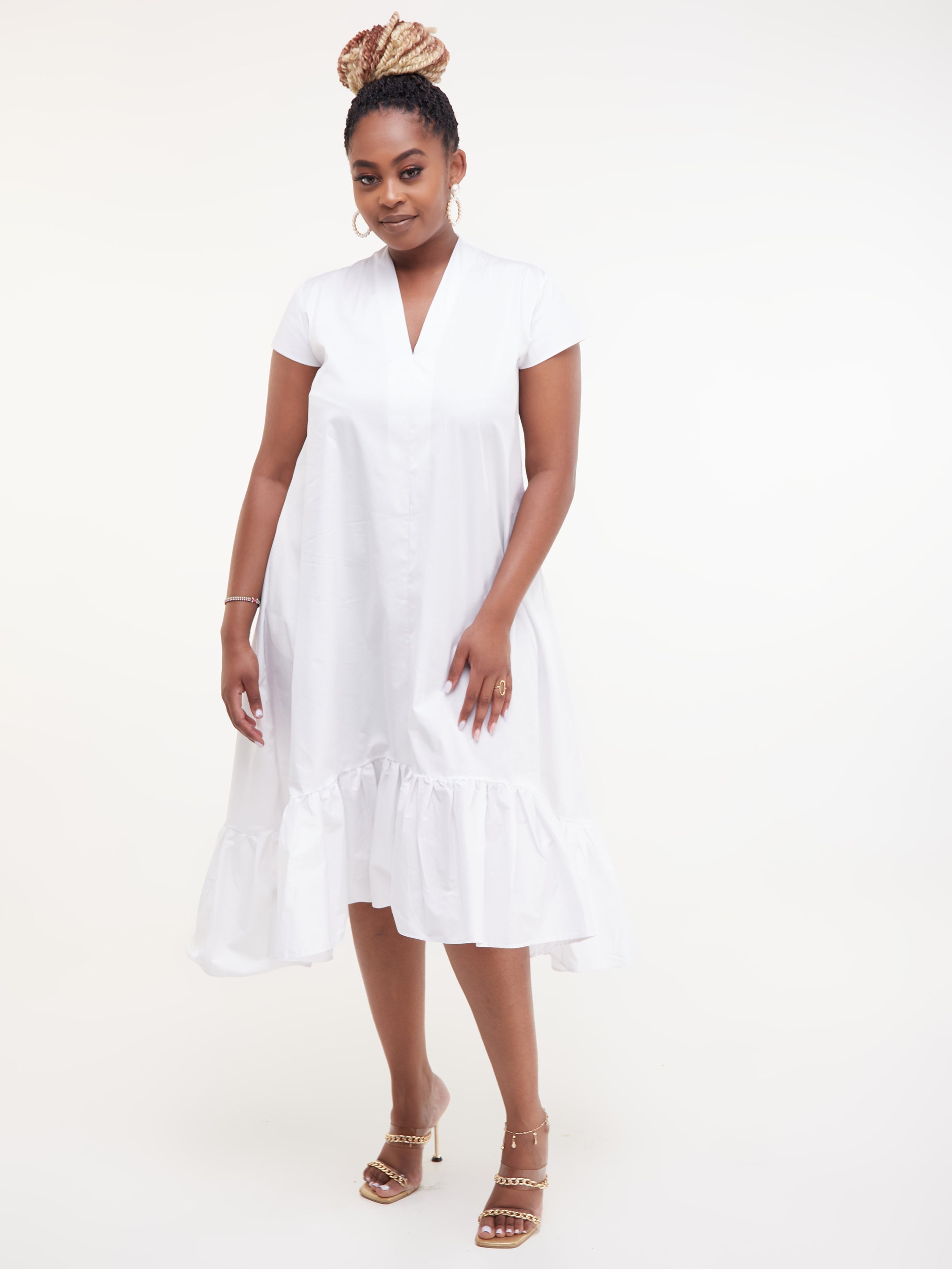 Safari Huru Cap Sleeved Hi - Low Dress - White