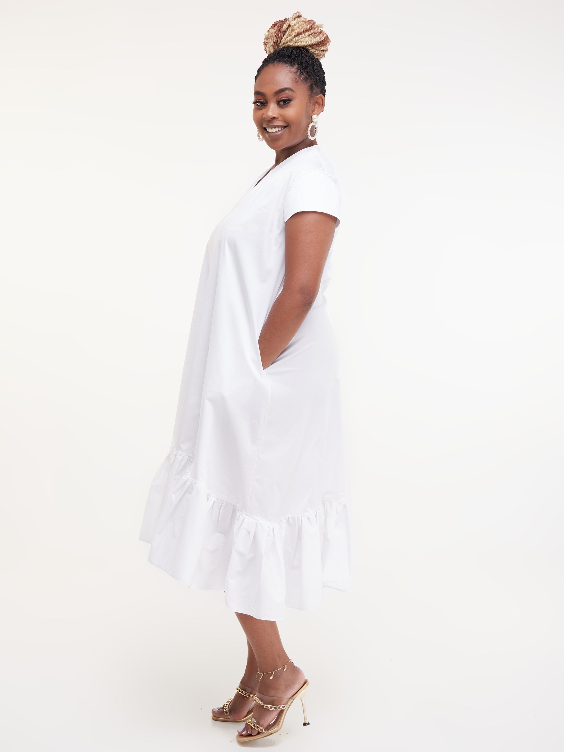 Safari Huru Cap Sleeved Hi - Low Dress - White