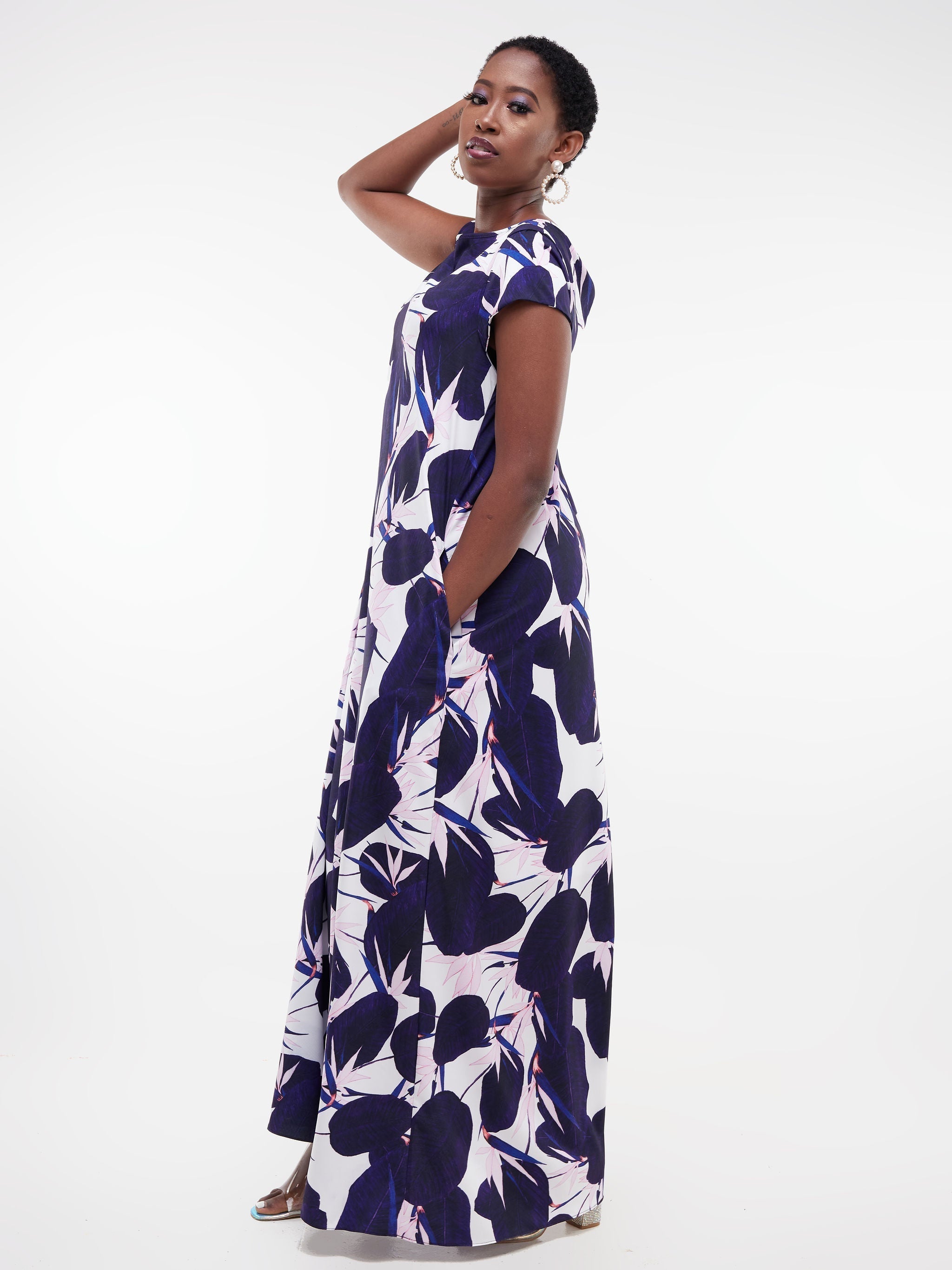 Vivo Basic Cap Sleeved Tent Maxi Dress - Purple Print