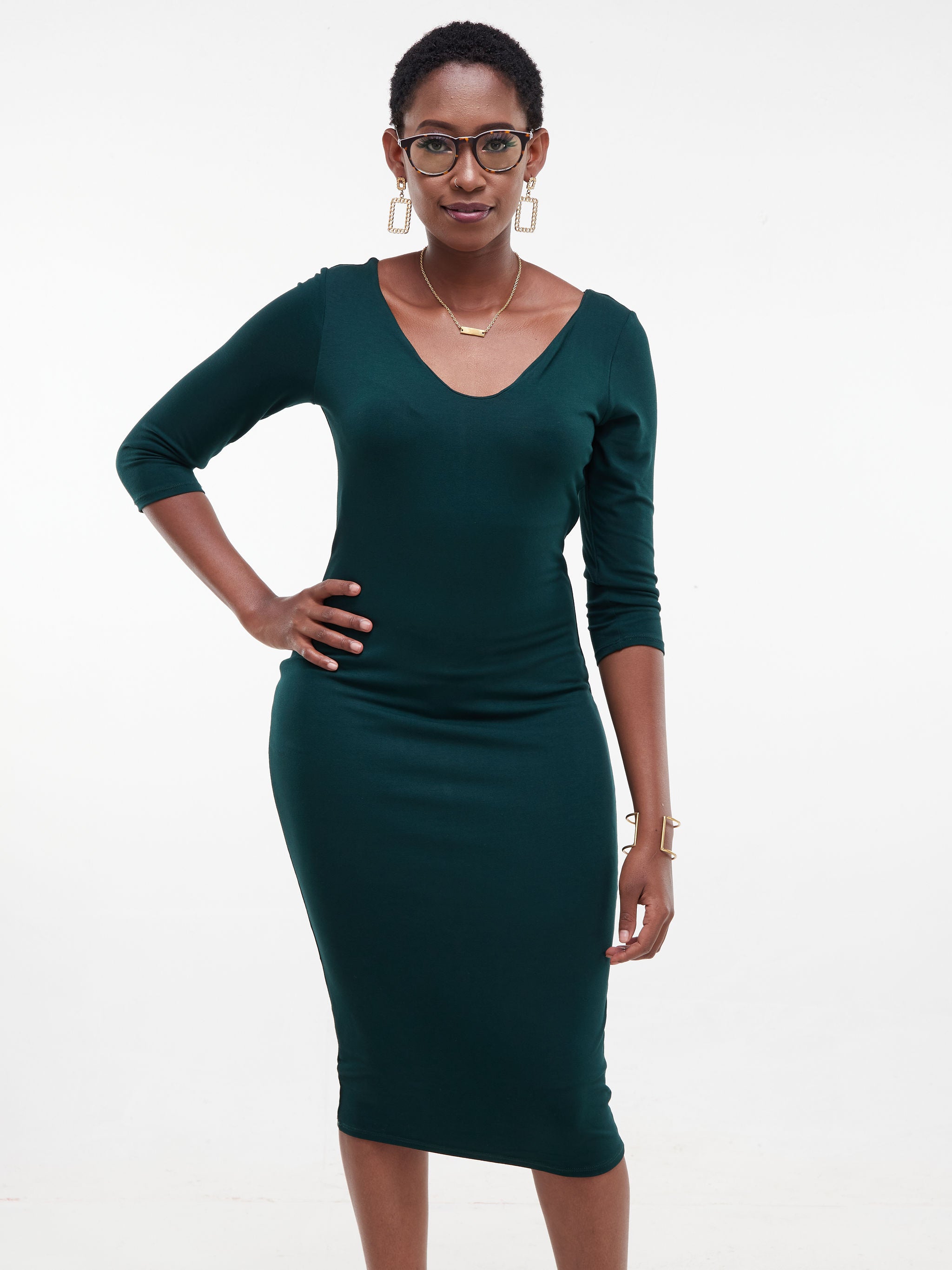 Vivo Basic 3/4 Sleeve Double Layered Bodycon Dress - Dark Green