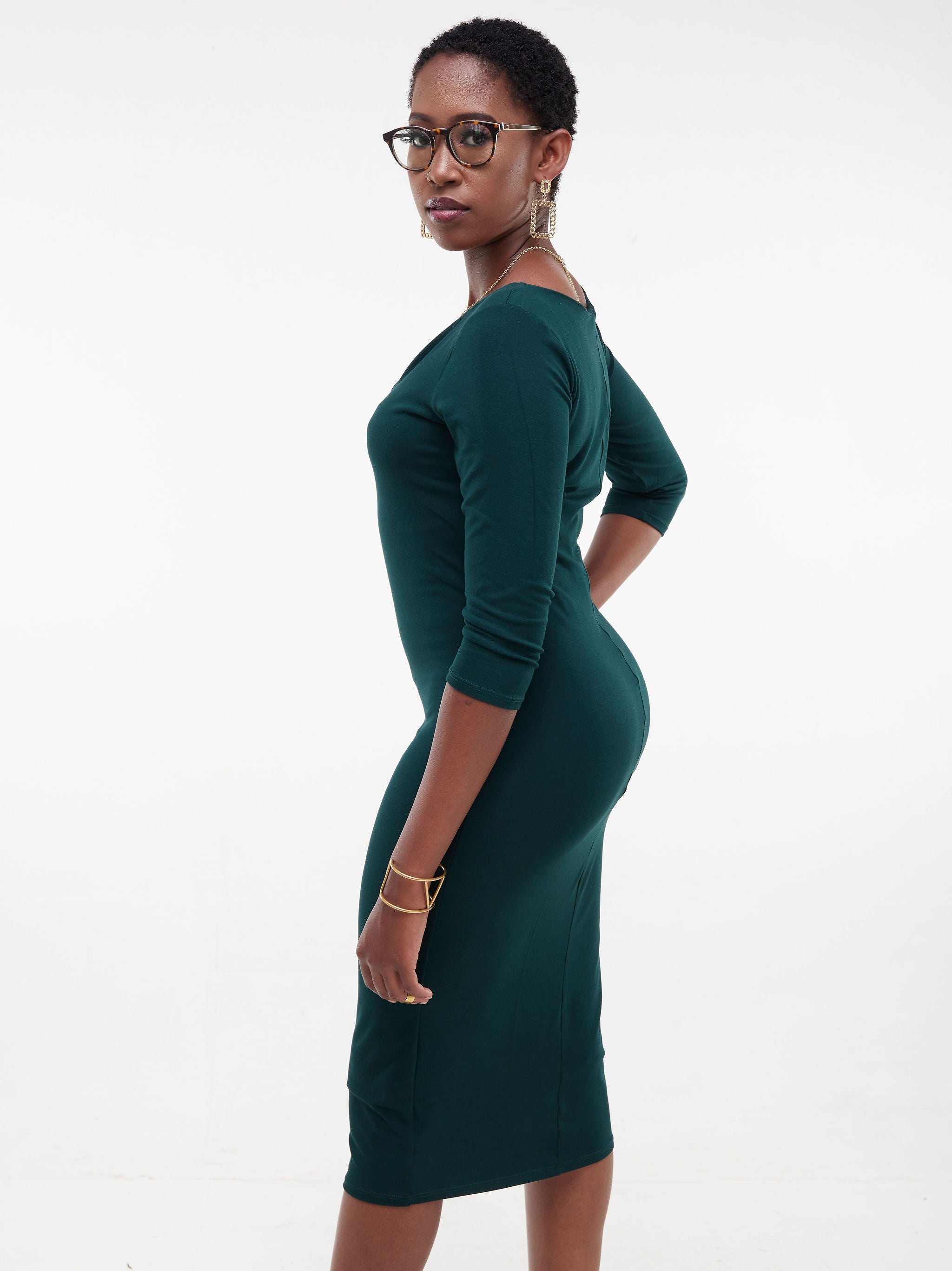 Vivo Basic 3/4 Sleeve Double Layered Bodycon Dress - Dark Green