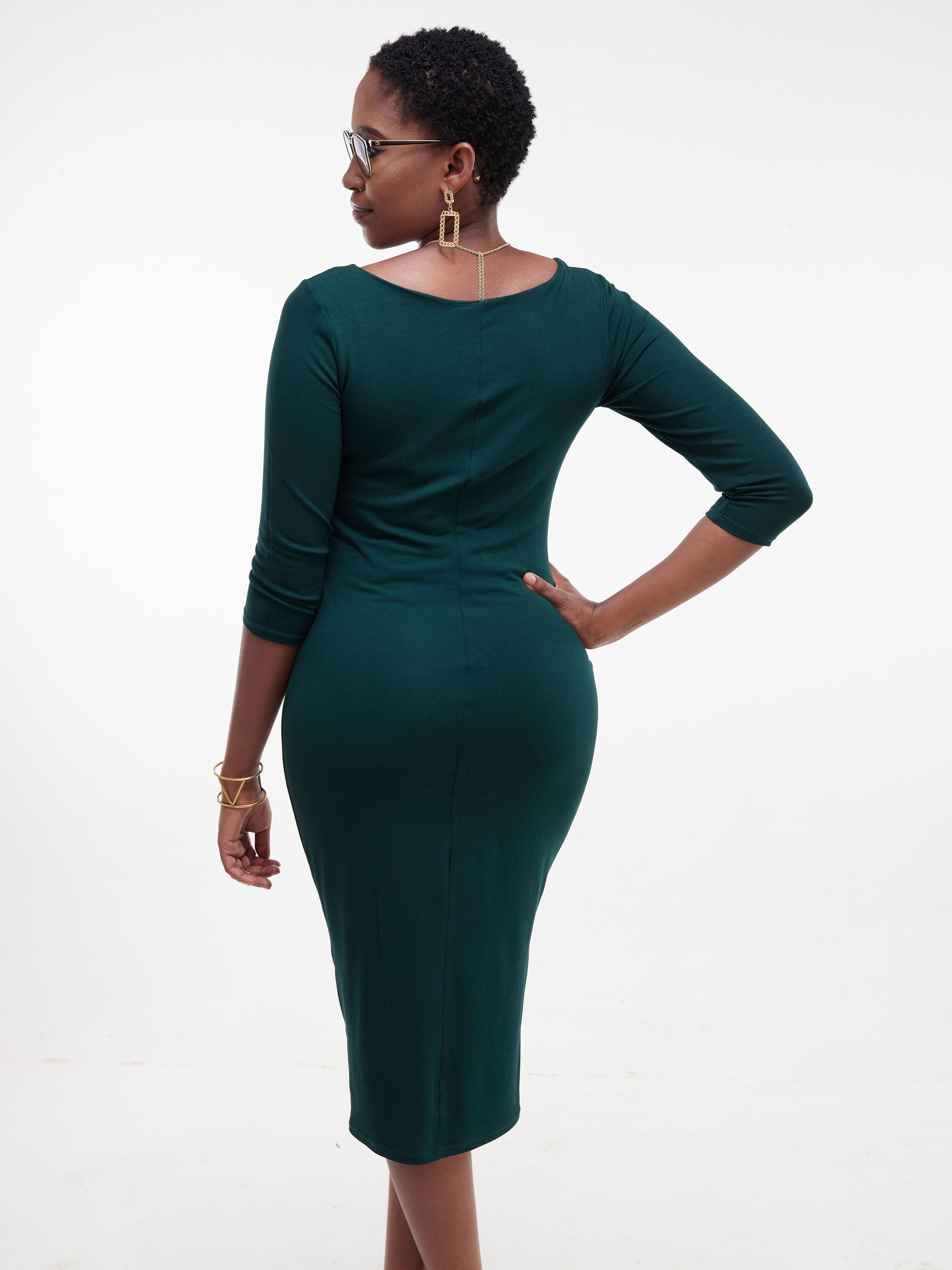 Vivo Basic 3/4 Sleeve Double Layered Bodycon Dress - Dark Green