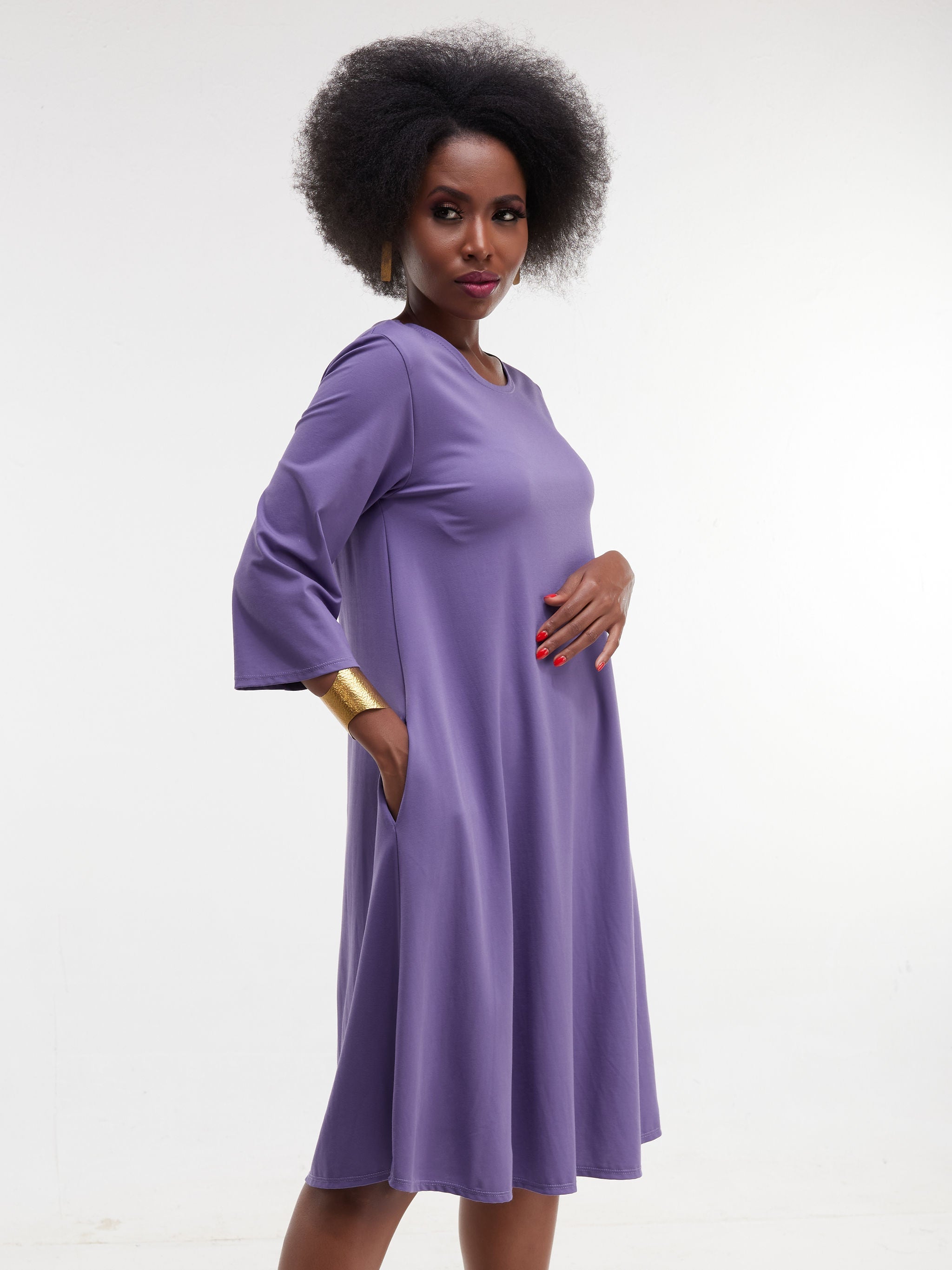 Vivo Basic 3/4 Sleeve Kena Tent Knee Length Dress - Purple