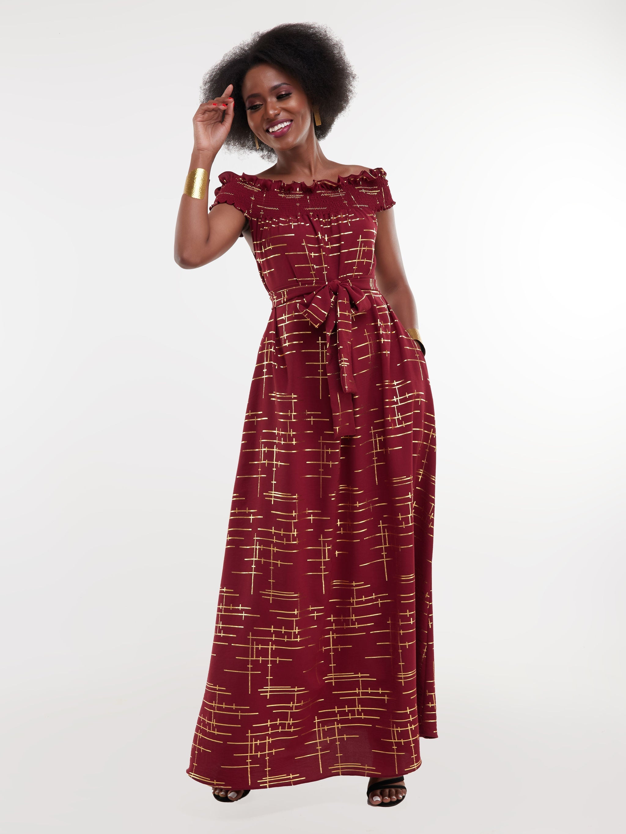 Vivo Hera Off Shoulder Maxi Dress - Maroon