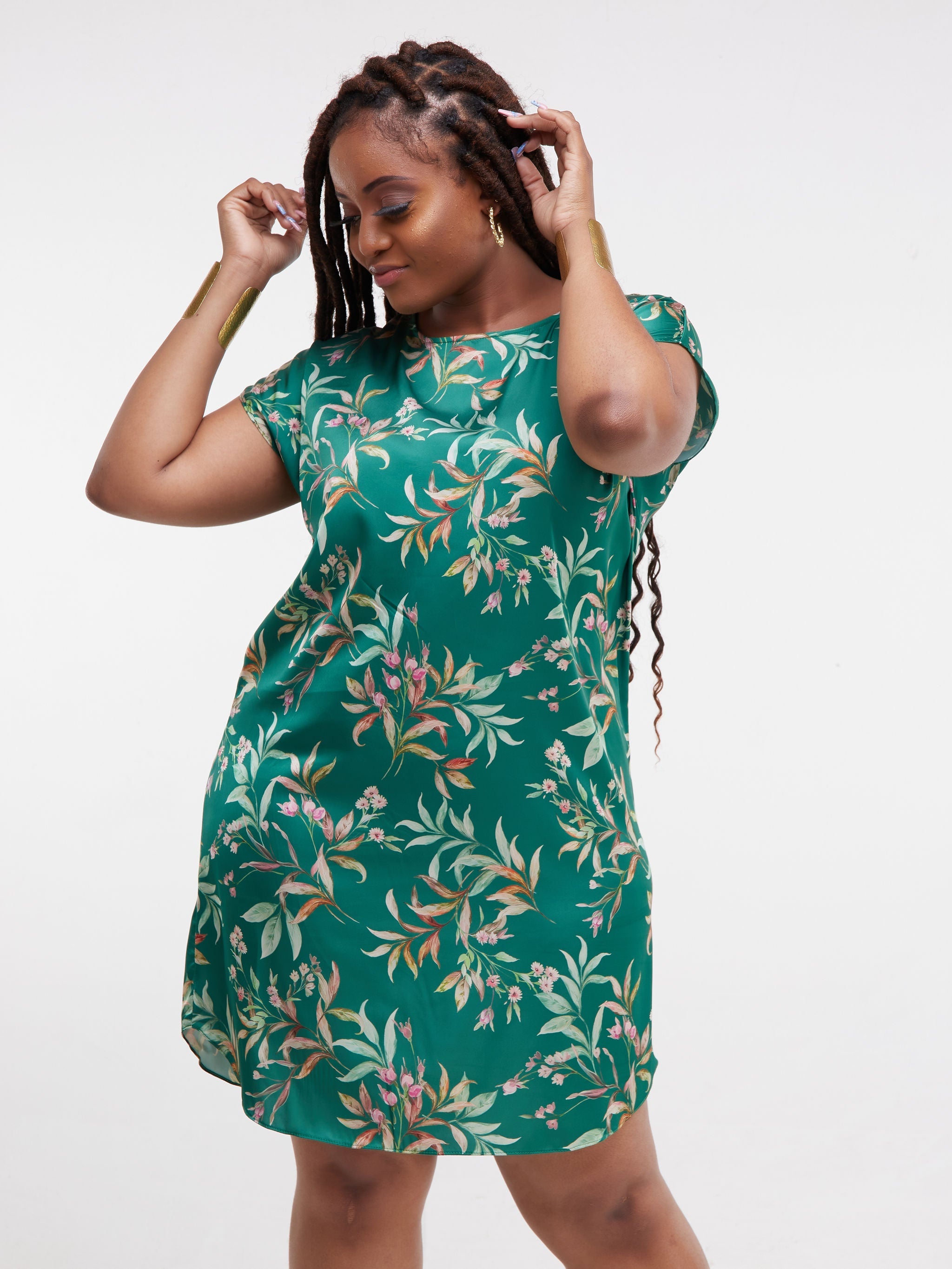 Vivo Thando Drop Shoulder T-shirt Dress - Green Print