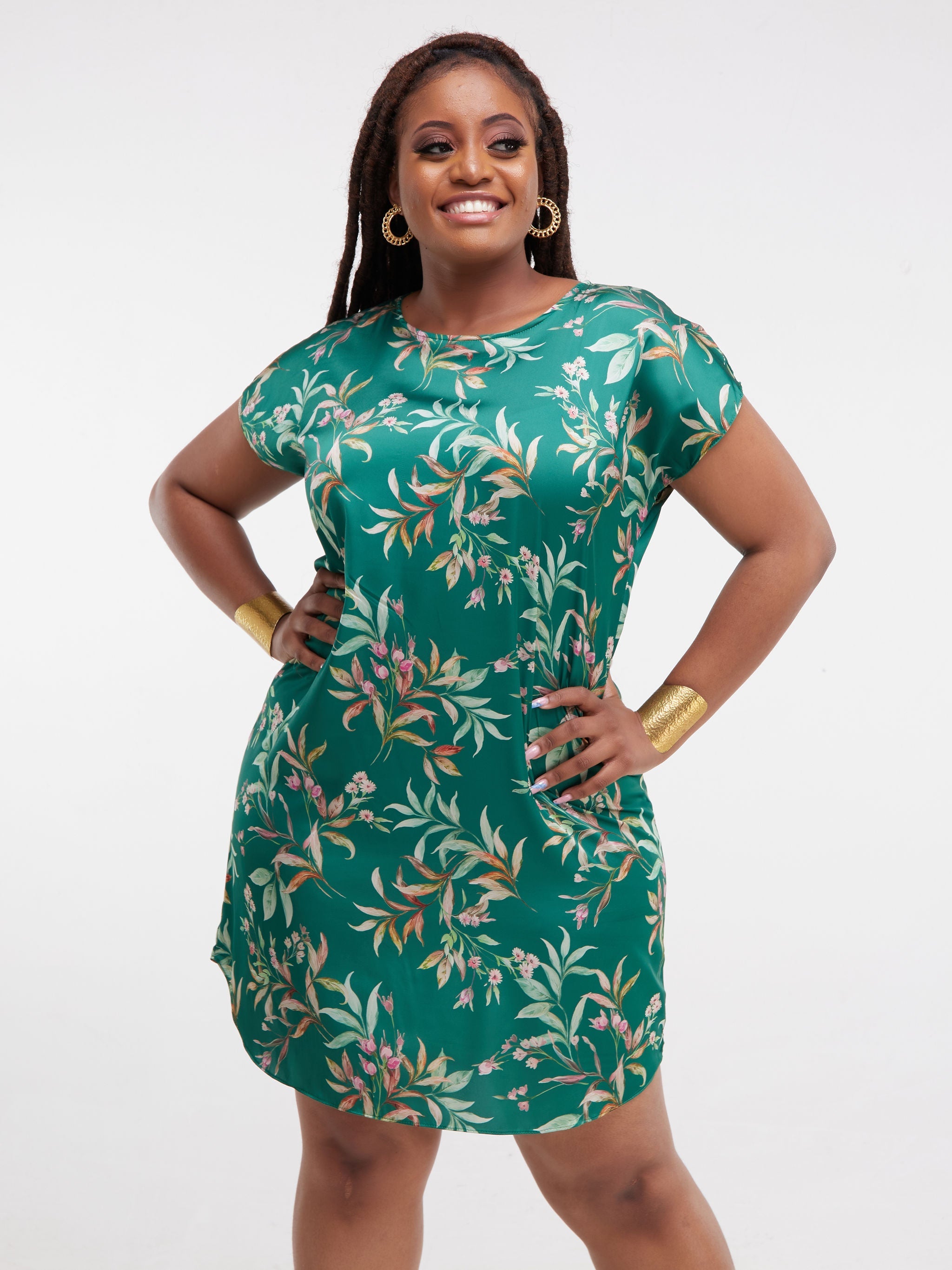 Vivo Thando Drop Shoulder T-shirt Dress - Green Print