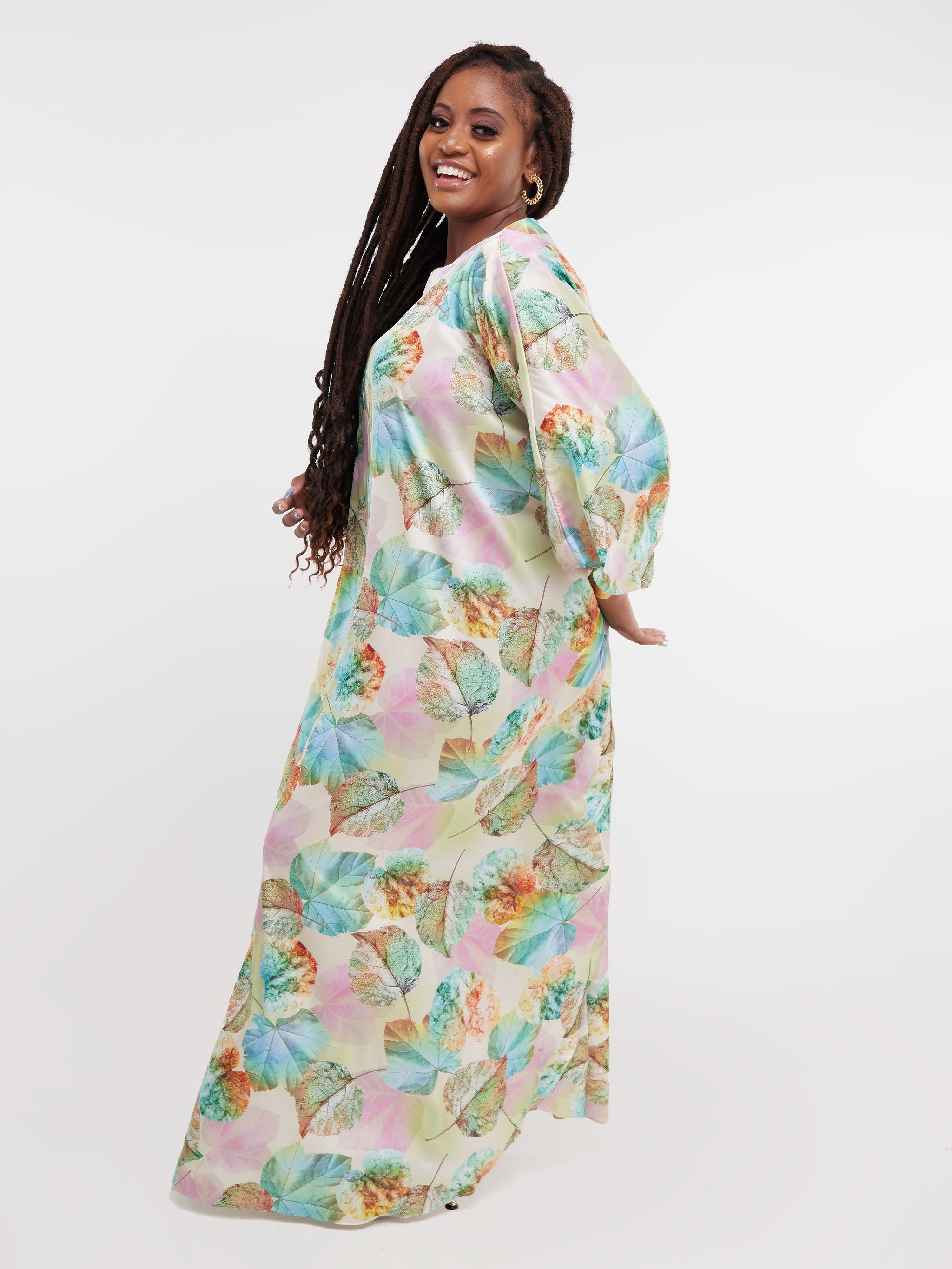 Vivo Thando Wide Kaftan Maxi Dress - Green / Mustard Print