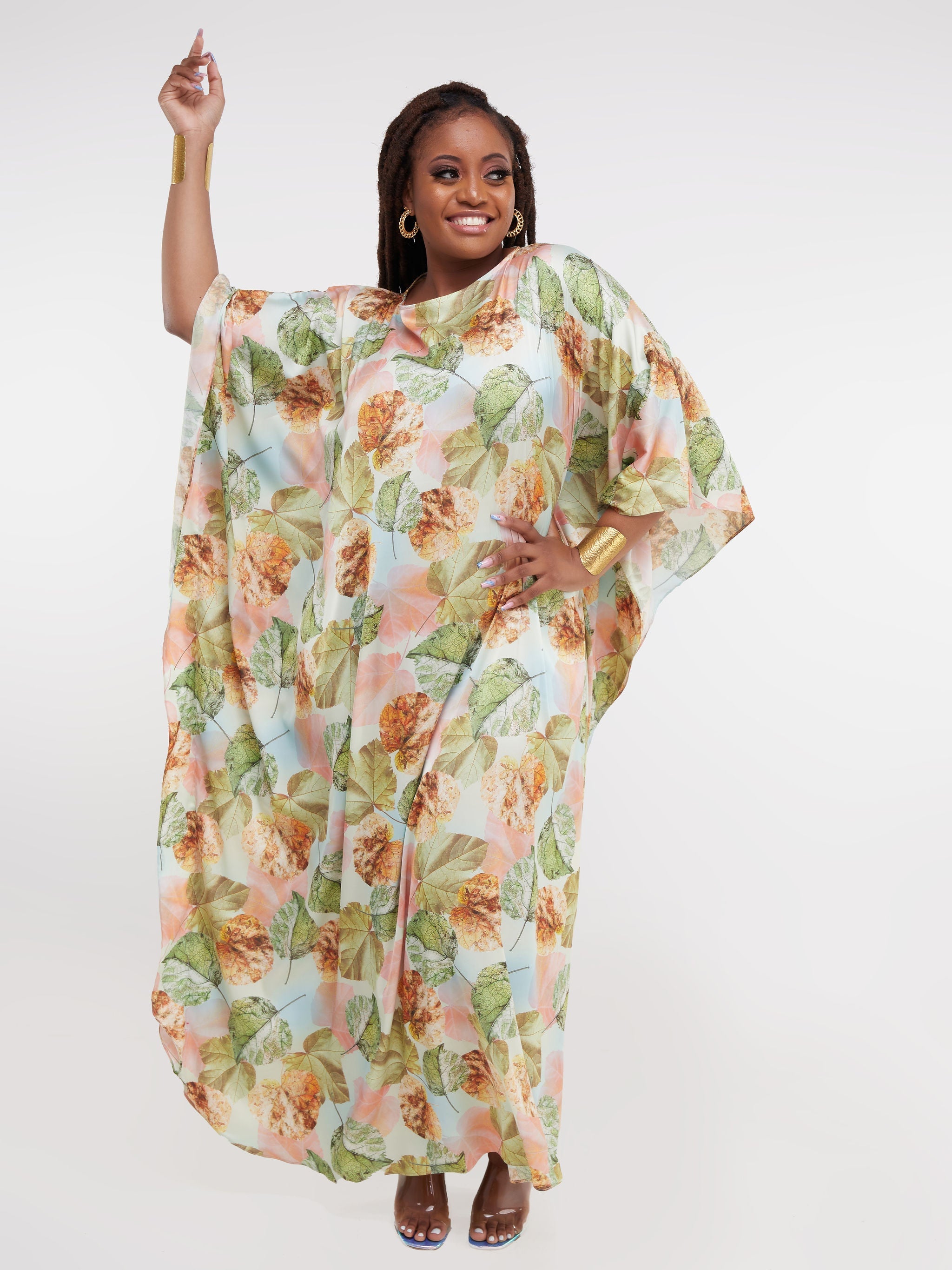 Vivo Thando Wide Kaftan Maxi Dress - Green / Mustard Print