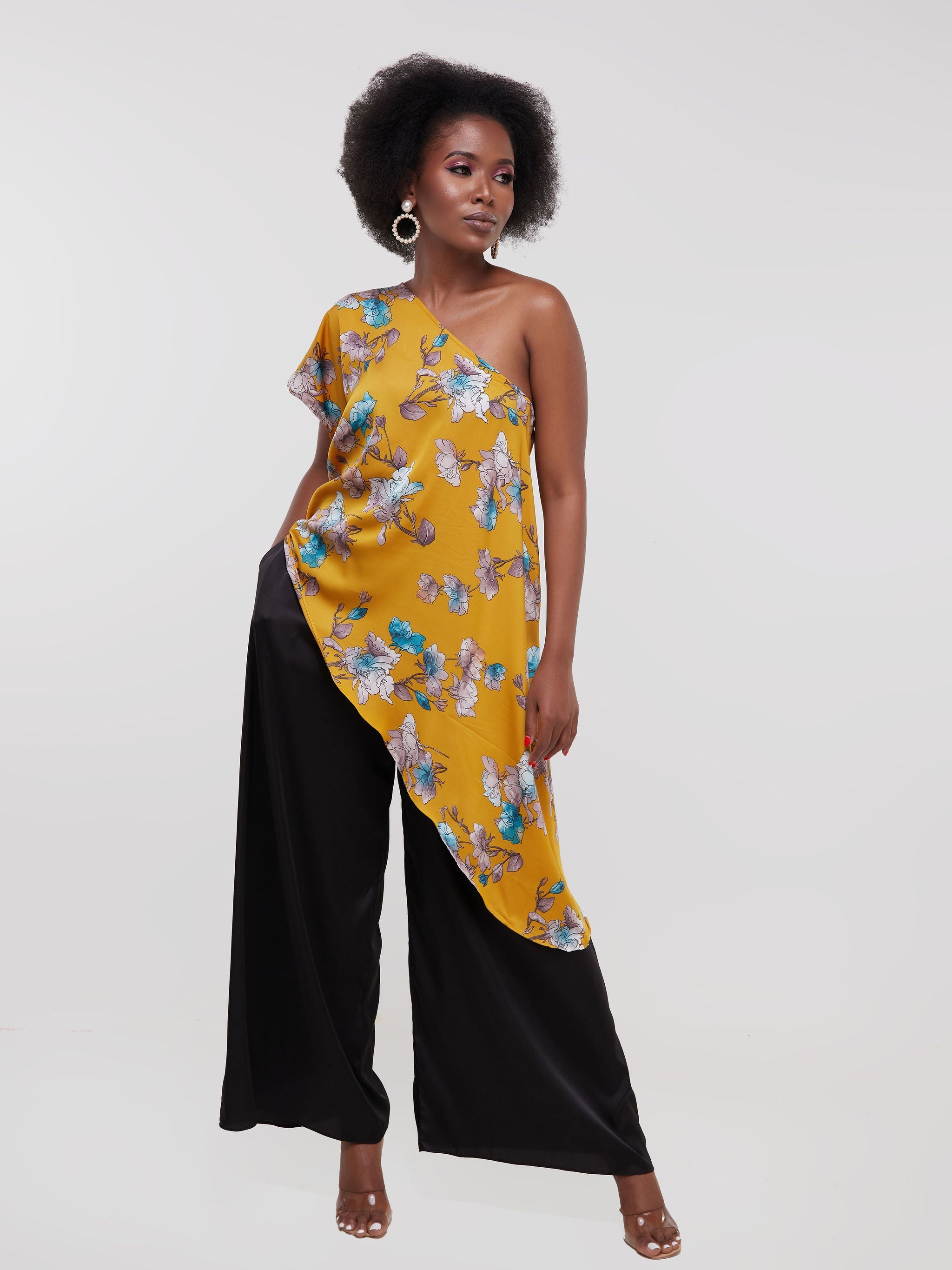 Vivo Thando One Shoulder Asymmetrical Top - Mustard Print