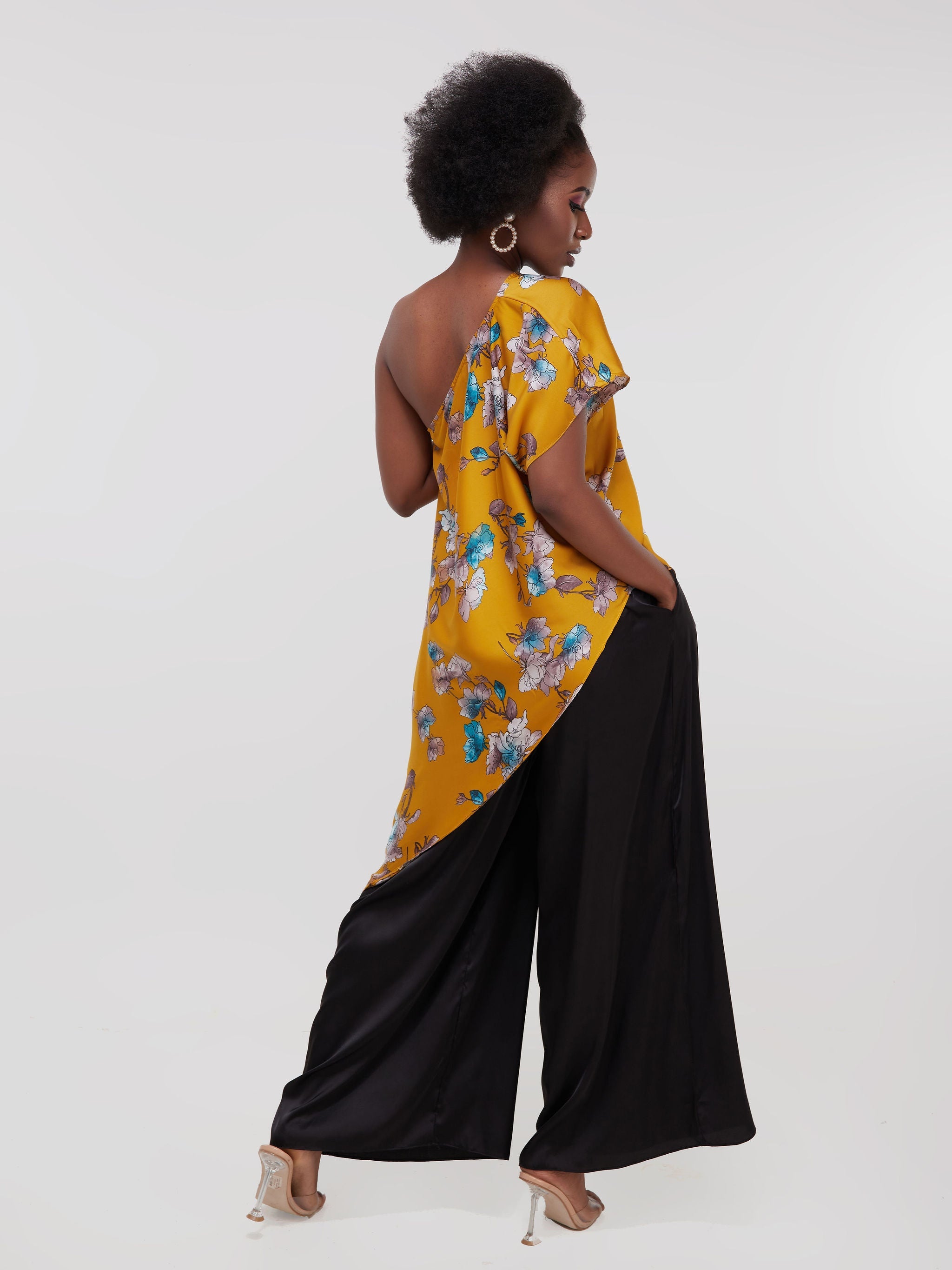 Vivo Thando One Shoulder Asymmetrical Top - Mustard Print