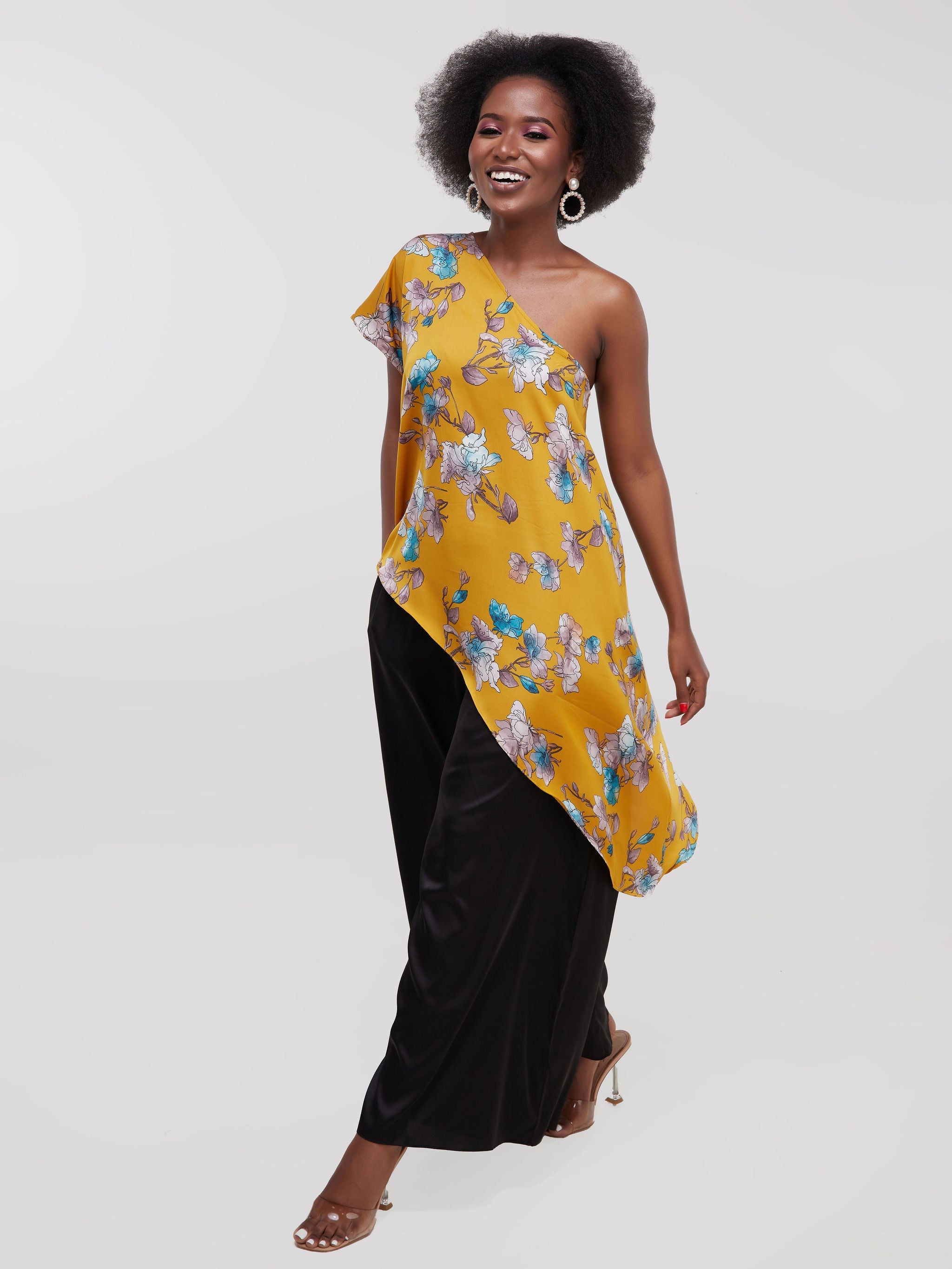 Vivo Thando One Shoulder Asymmetrical Top - Mustard Print