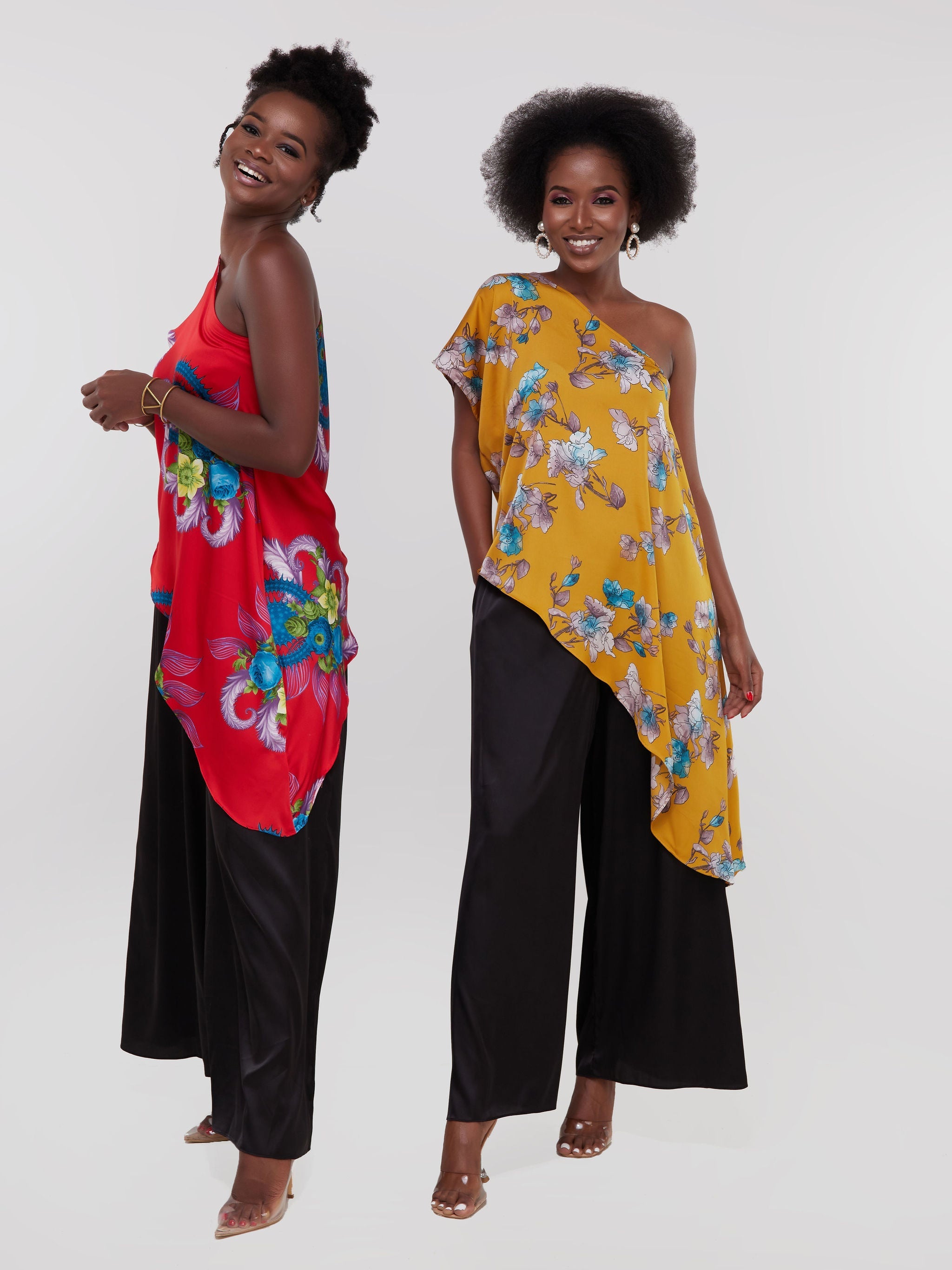 Vivo Thando One Shoulder Asymmetrical Top - Mustard Print