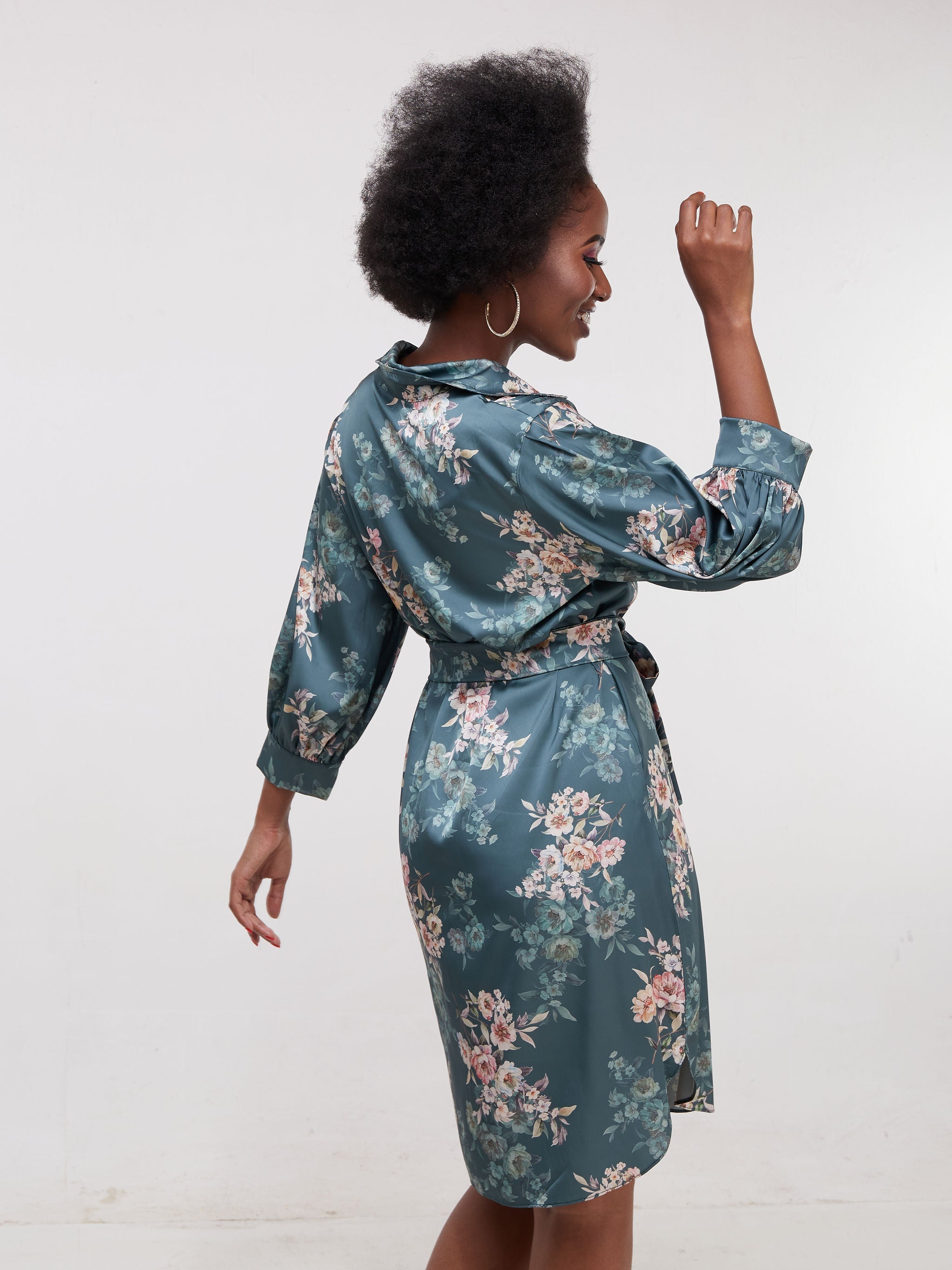 Vivo Thando 3/4 Bishop Sleeve Shirt Dress - Green  Floral Print