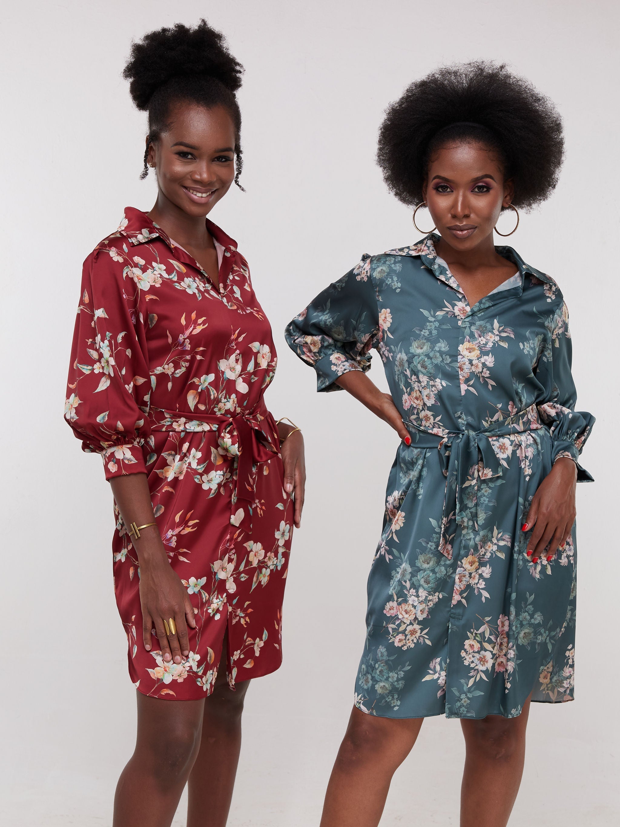 Vivo Thando 3/4 Bishop Sleeve Shirt Dress - Green  Floral Print