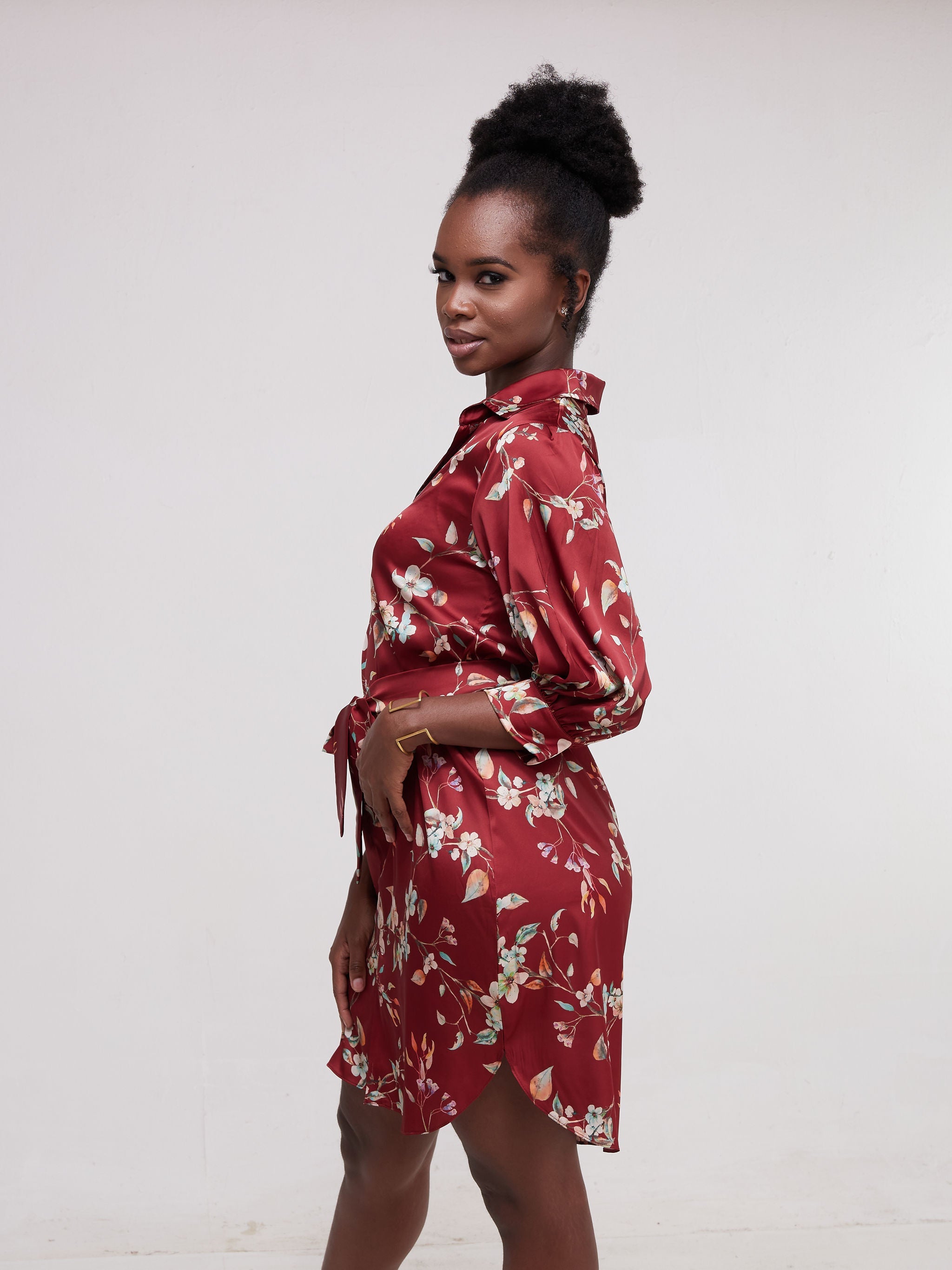 Vivo Thando 3/4 Bishop Sleeve Shirt Dress - Maroon Floral Print