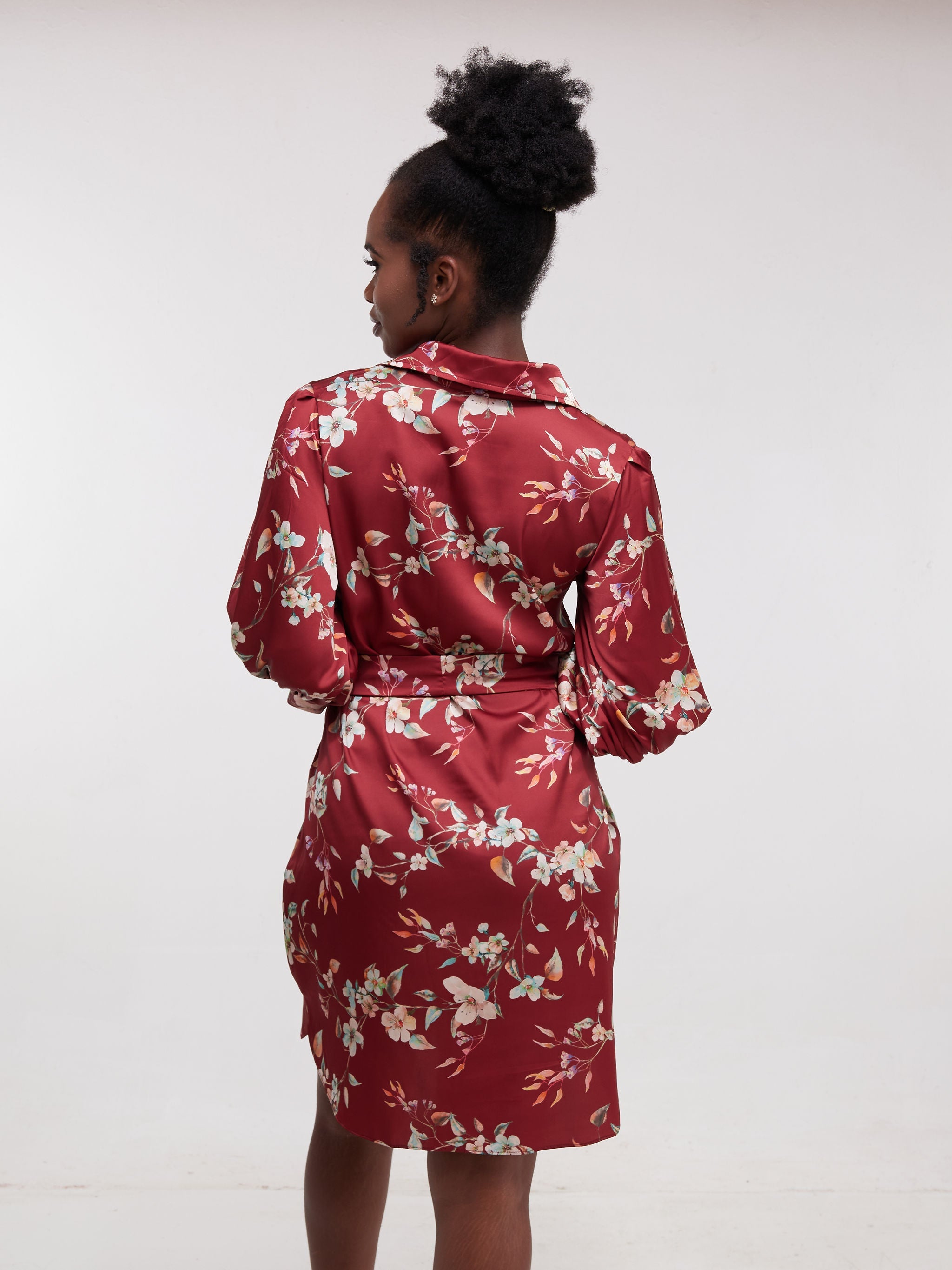 Vivo Thando 3/4 Bishop Sleeve Shirt Dress - Maroon Floral Print