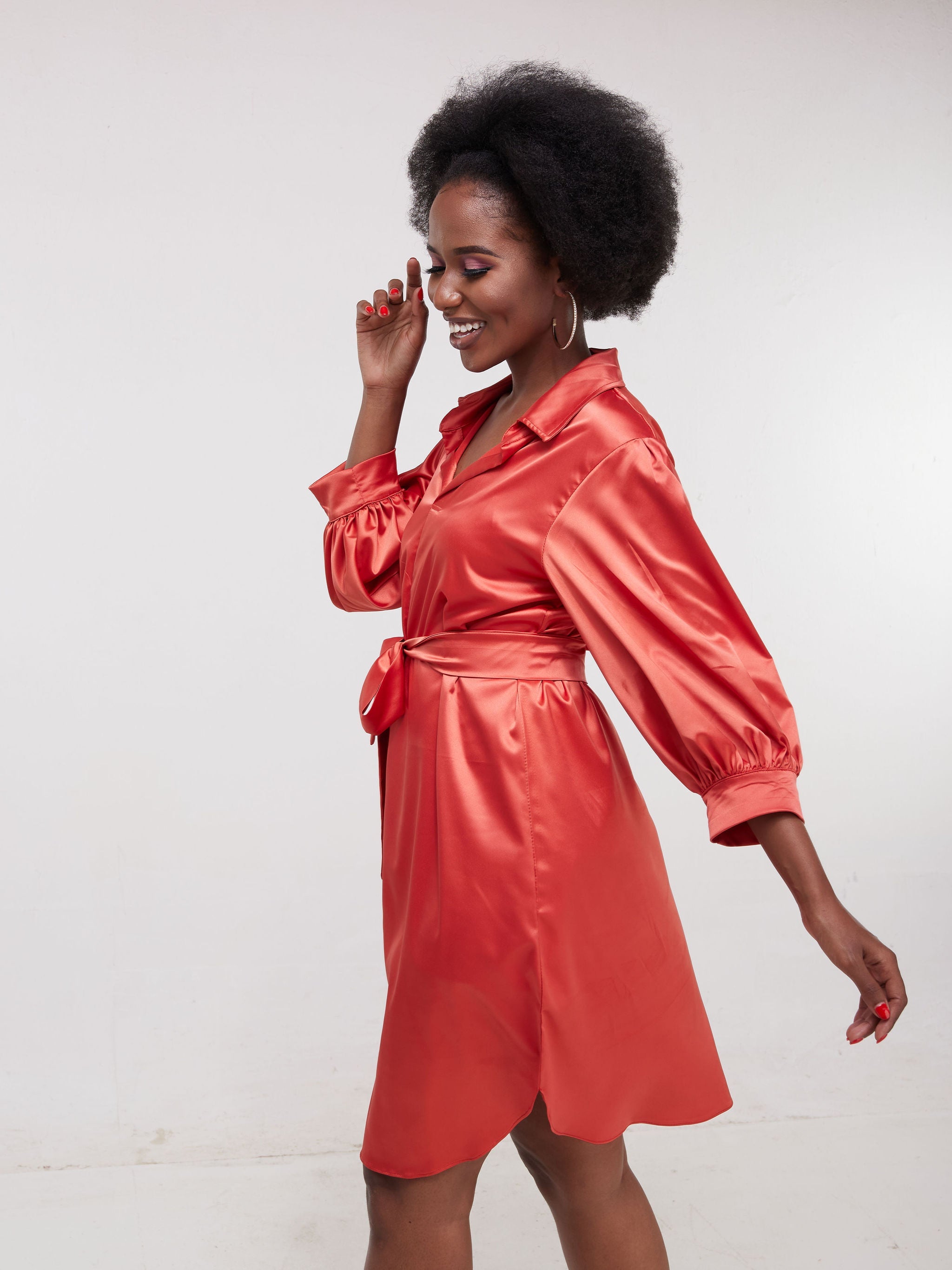 Vivo Thando 3/4 Bishop Sleeve Shirt Dress - Rust