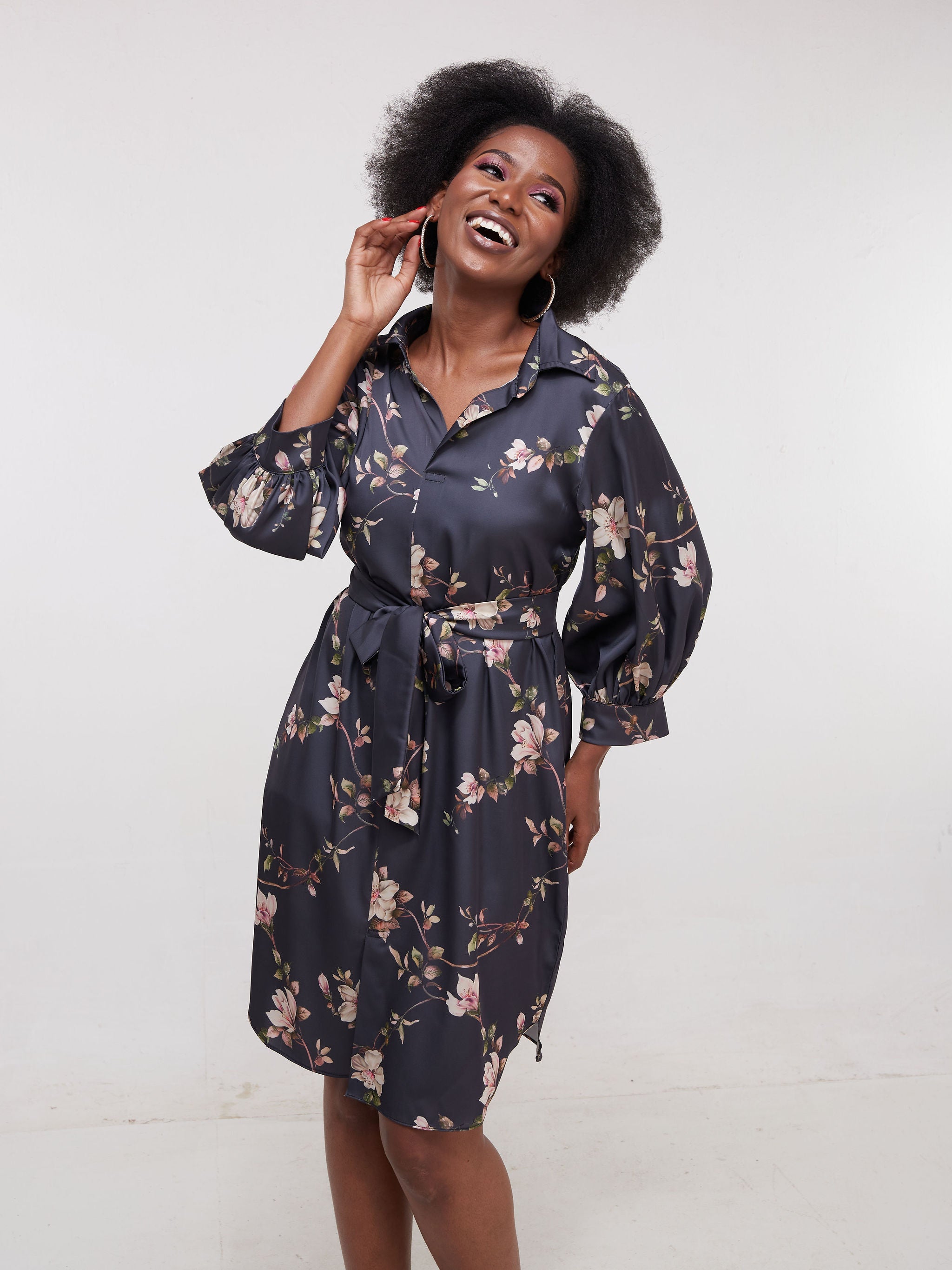 Vivo Thando 3/4 Bishop Sleeve Shirt Dress - Black Print