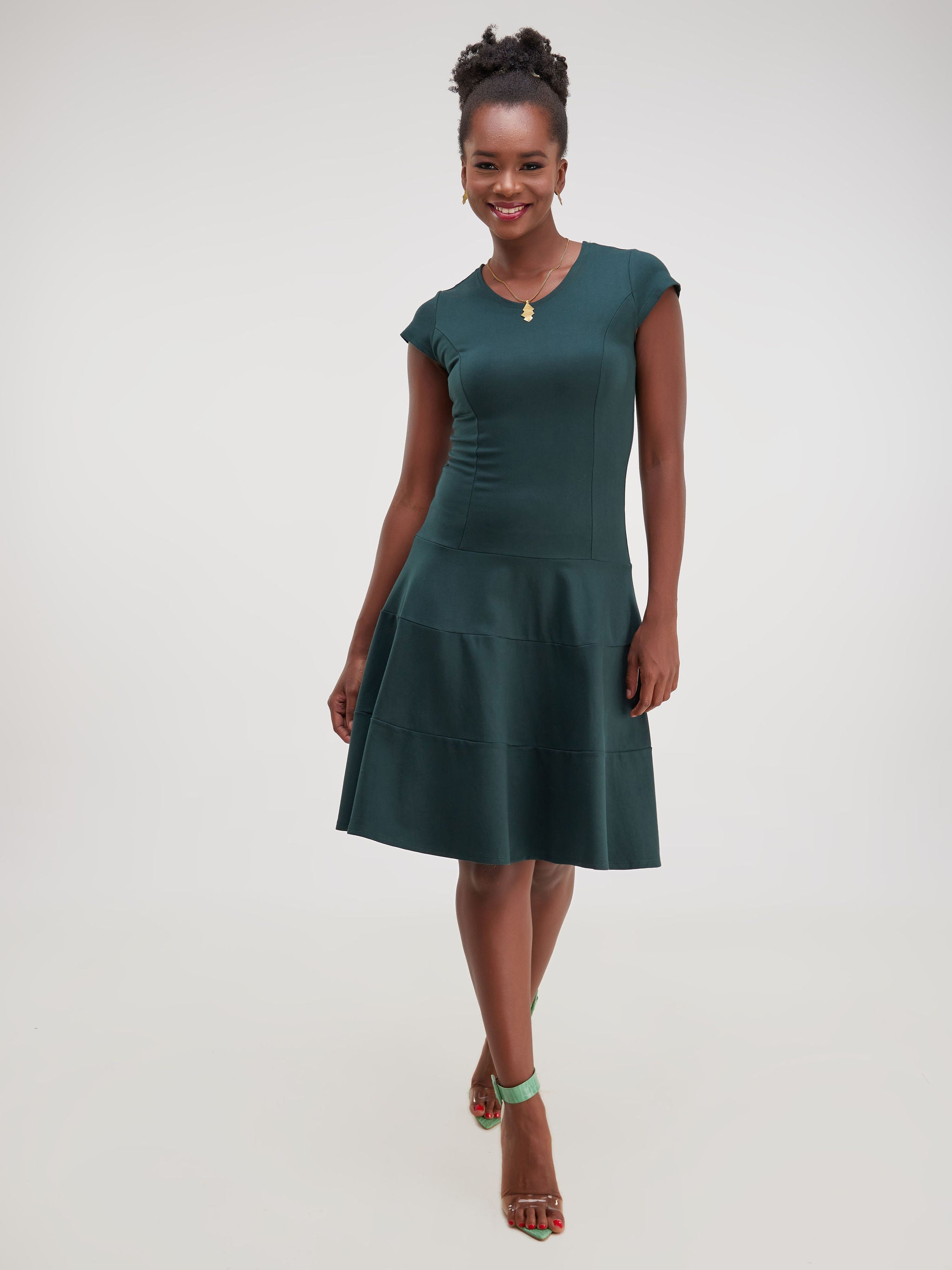 Vivo Faraji Cap Sleeved Three Tiered A-Line Dress - Dark Green