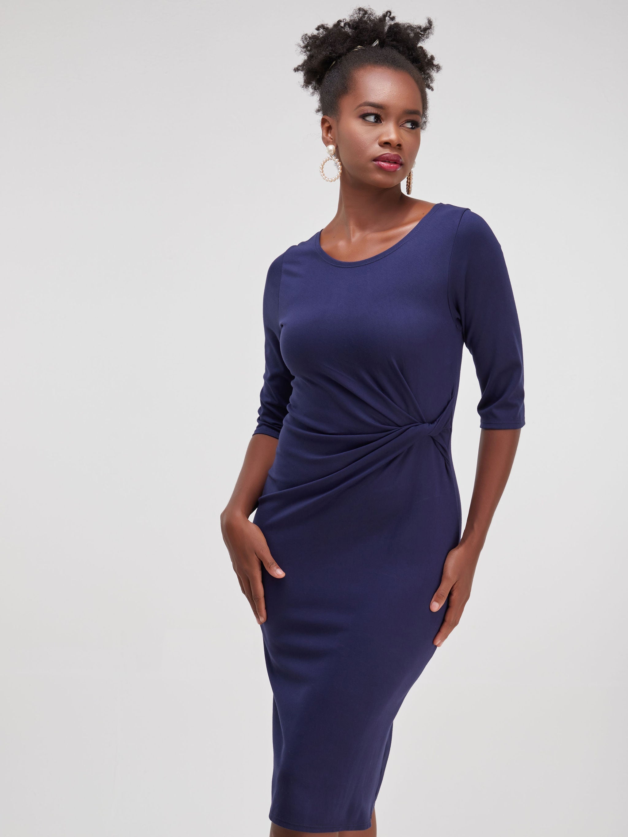 Vivo Faraji 3/4 Sleeve Side Twist Dress - Navy Blue